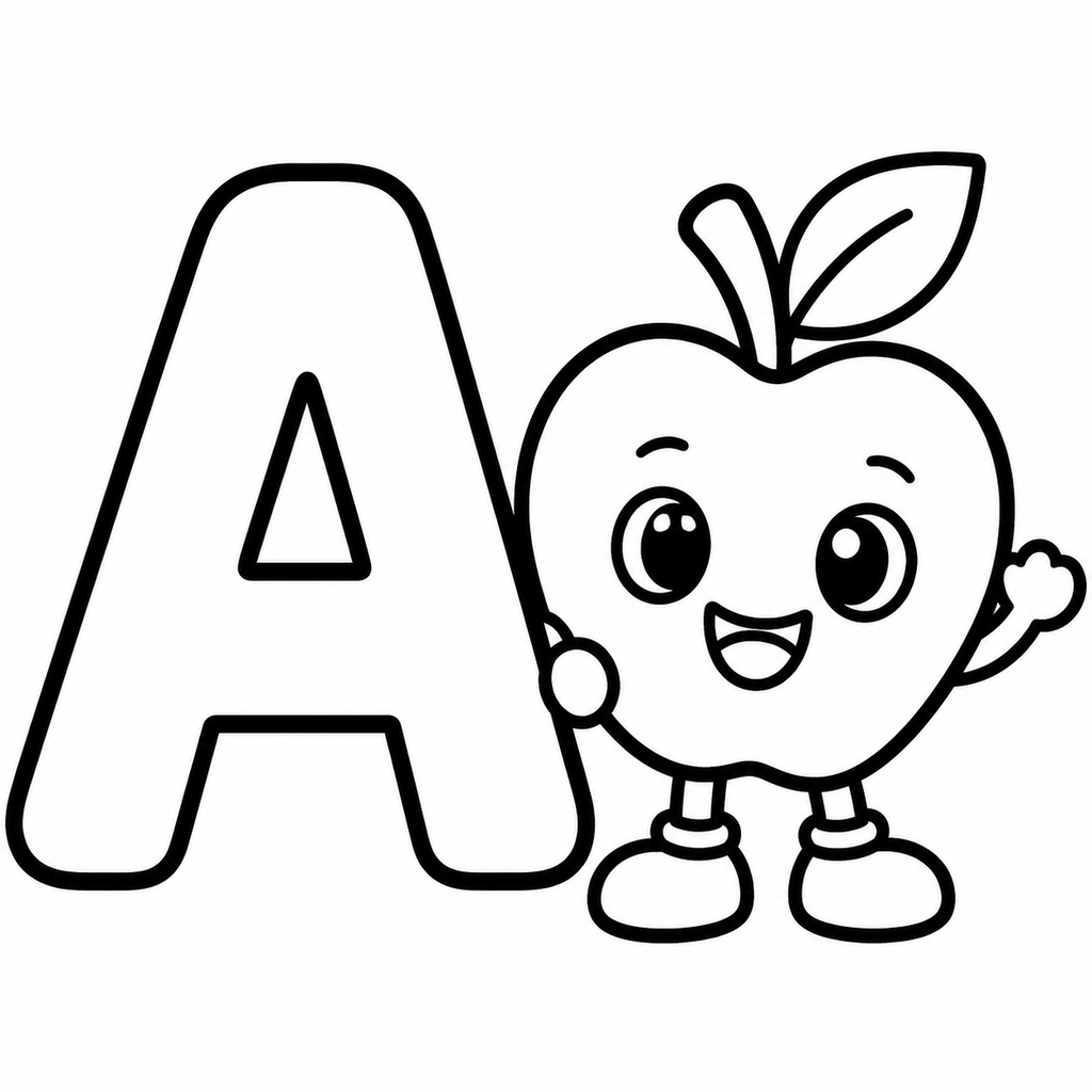 Uppercase Letter A with Apple Character Coloring Page - printable coloring page preview