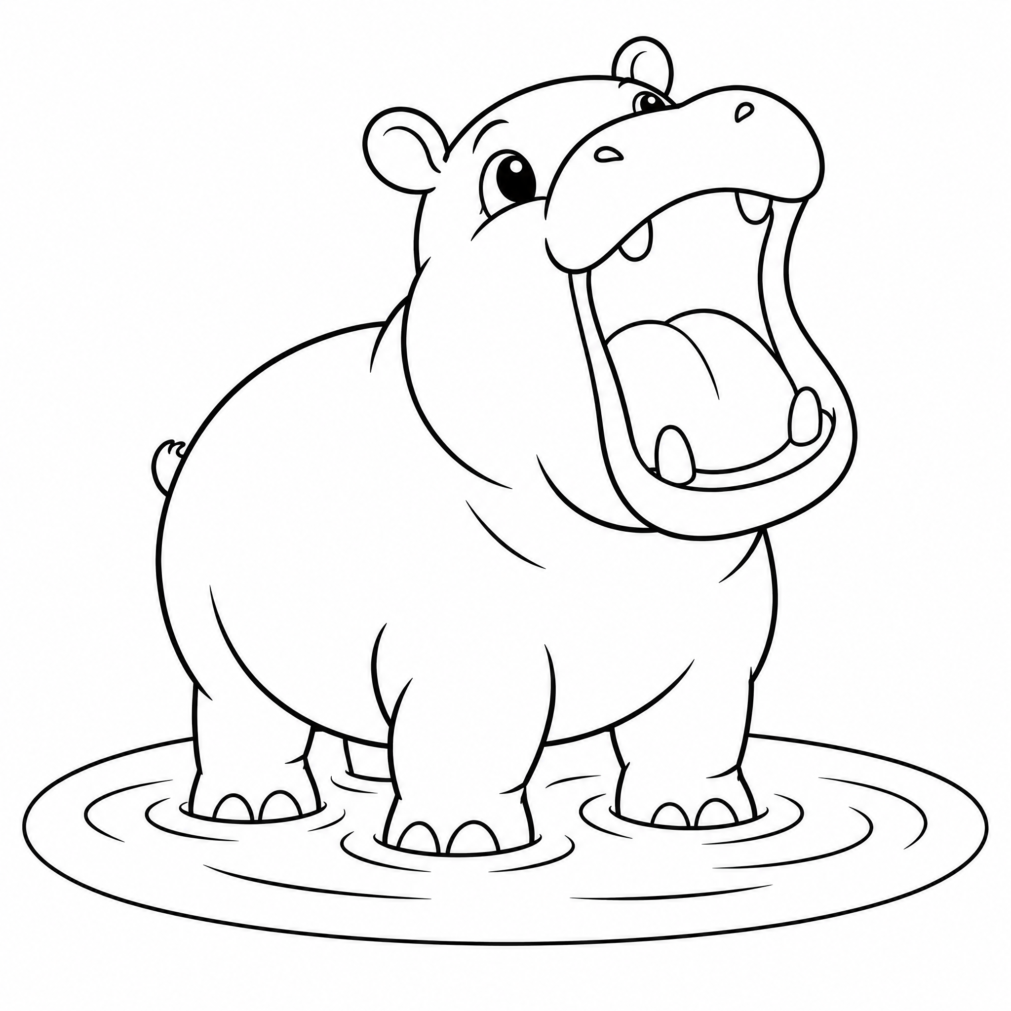 Baby Hippo Yawning in a Shallow Pool Coloring Page - printable coloring page preview