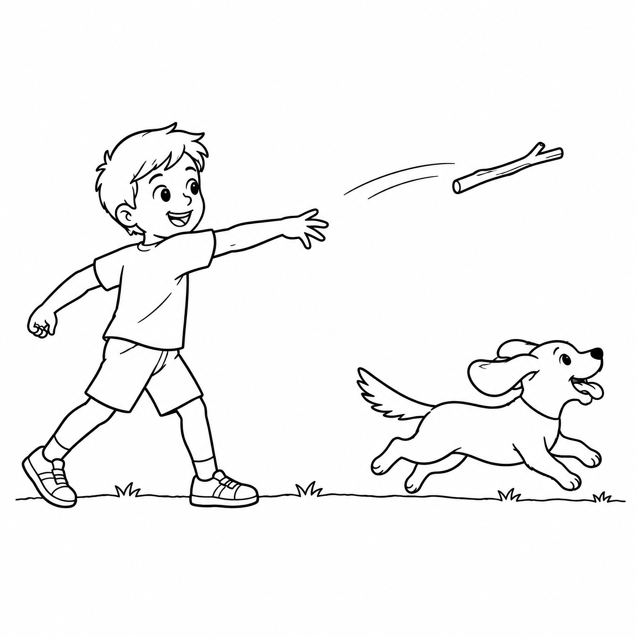 Boy Throwing a Stick for His Dog Coloring Page - printable coloring page preview