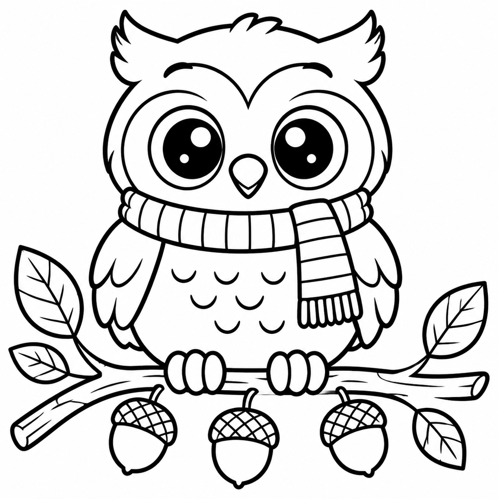 Cute Owl On A Branch Autumn Coloring Page 2 - printable coloring page preview