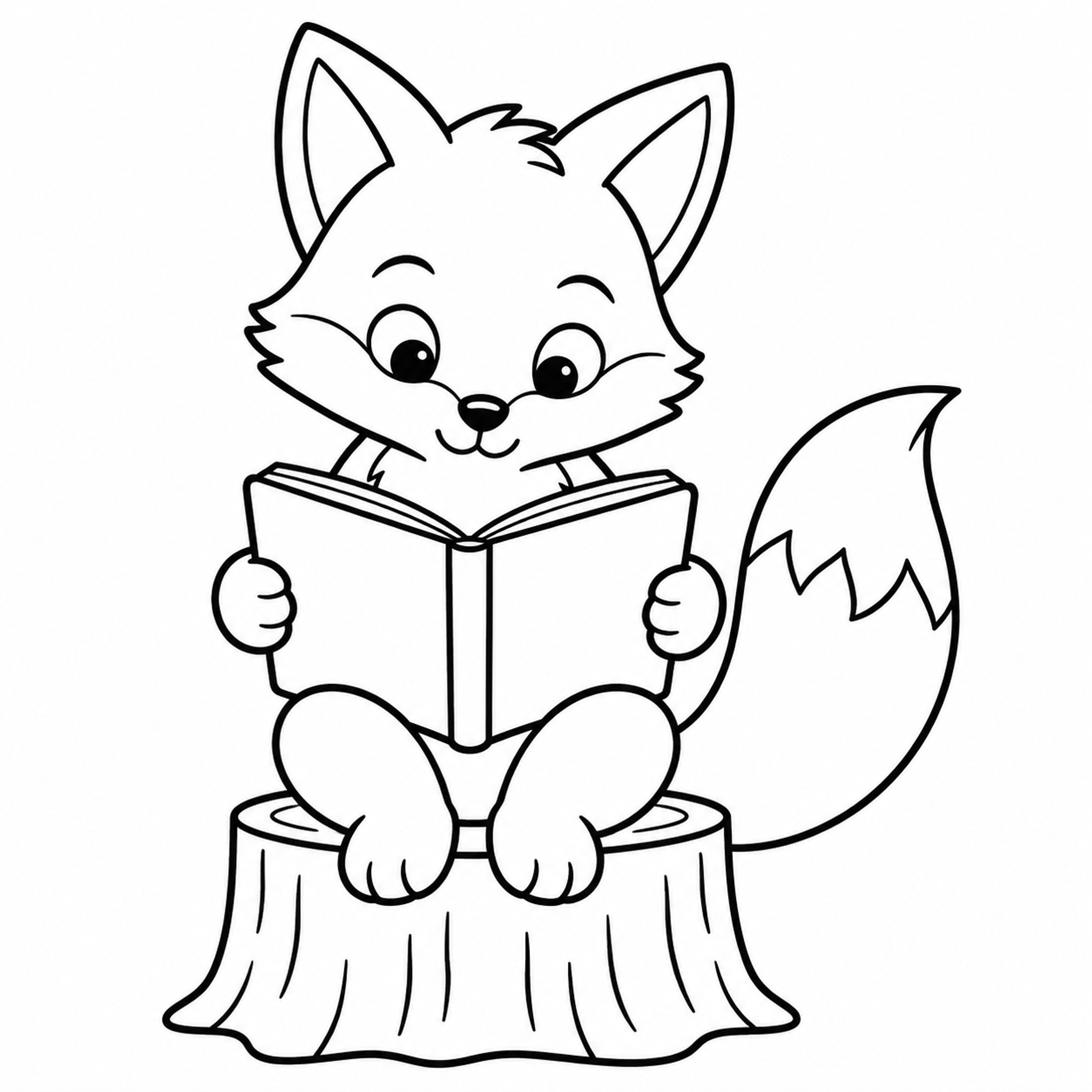 Fox Reading a Book on a Tree Stump Coloring Page - printable coloring page preview
