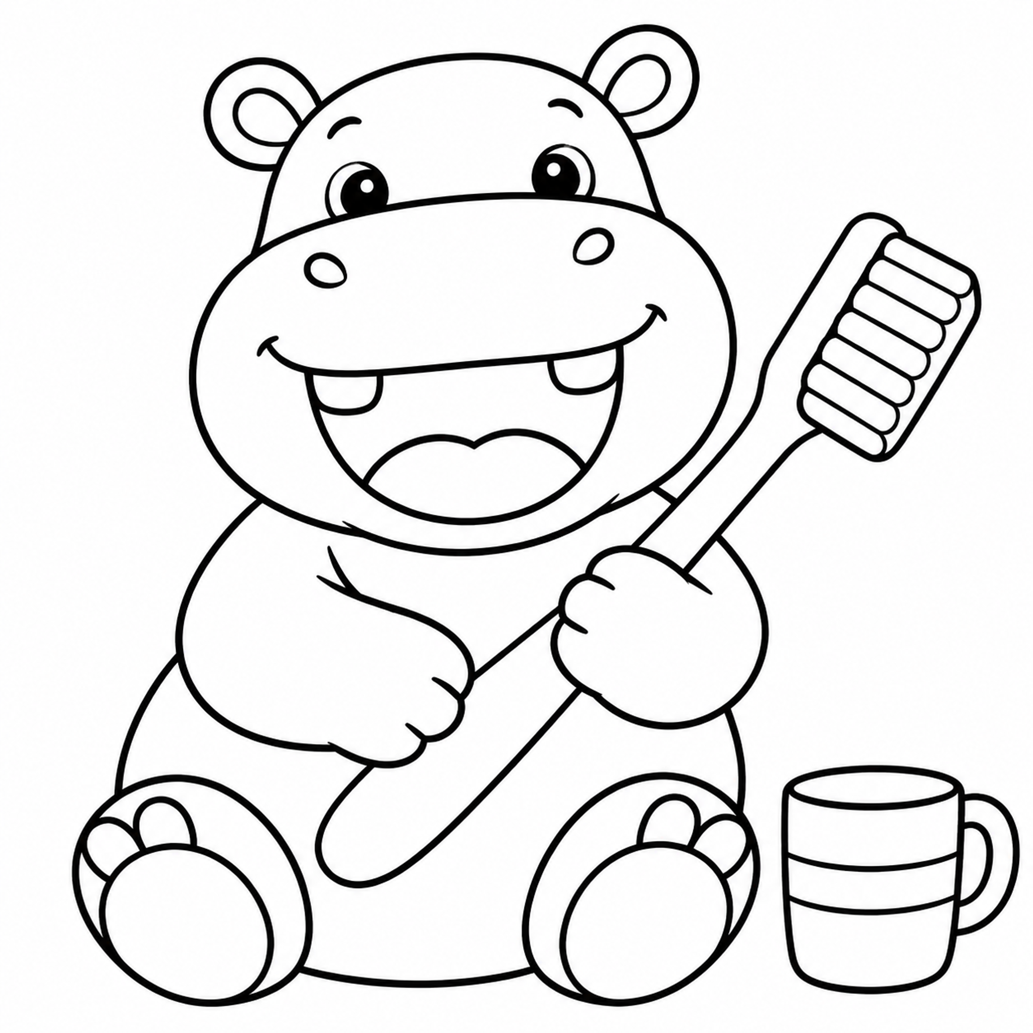 Hippo Brushing Its Teeth Coloring Page - printable coloring page preview