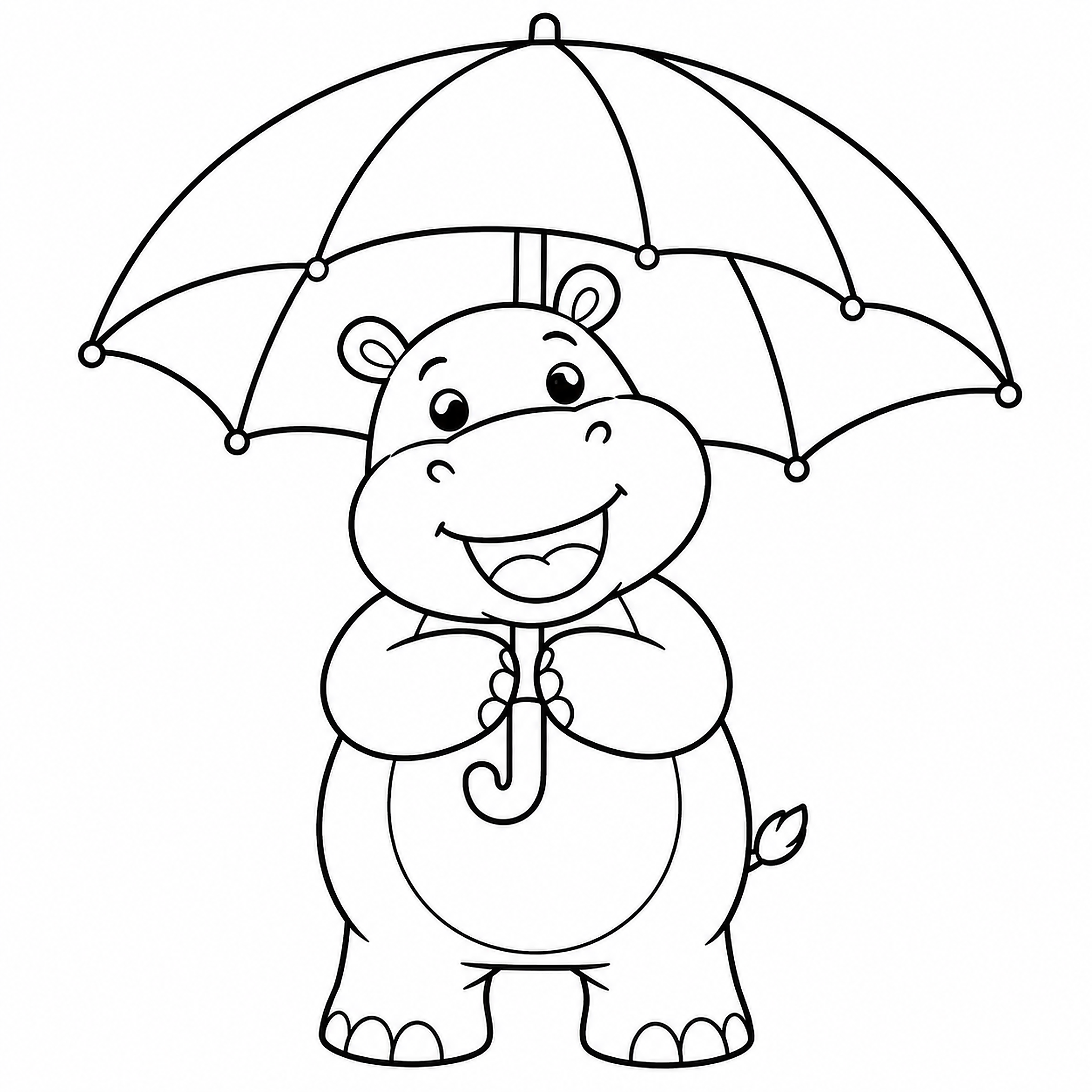 Hippo Holding a Big Umbrella Coloring Page - printable coloring page preview