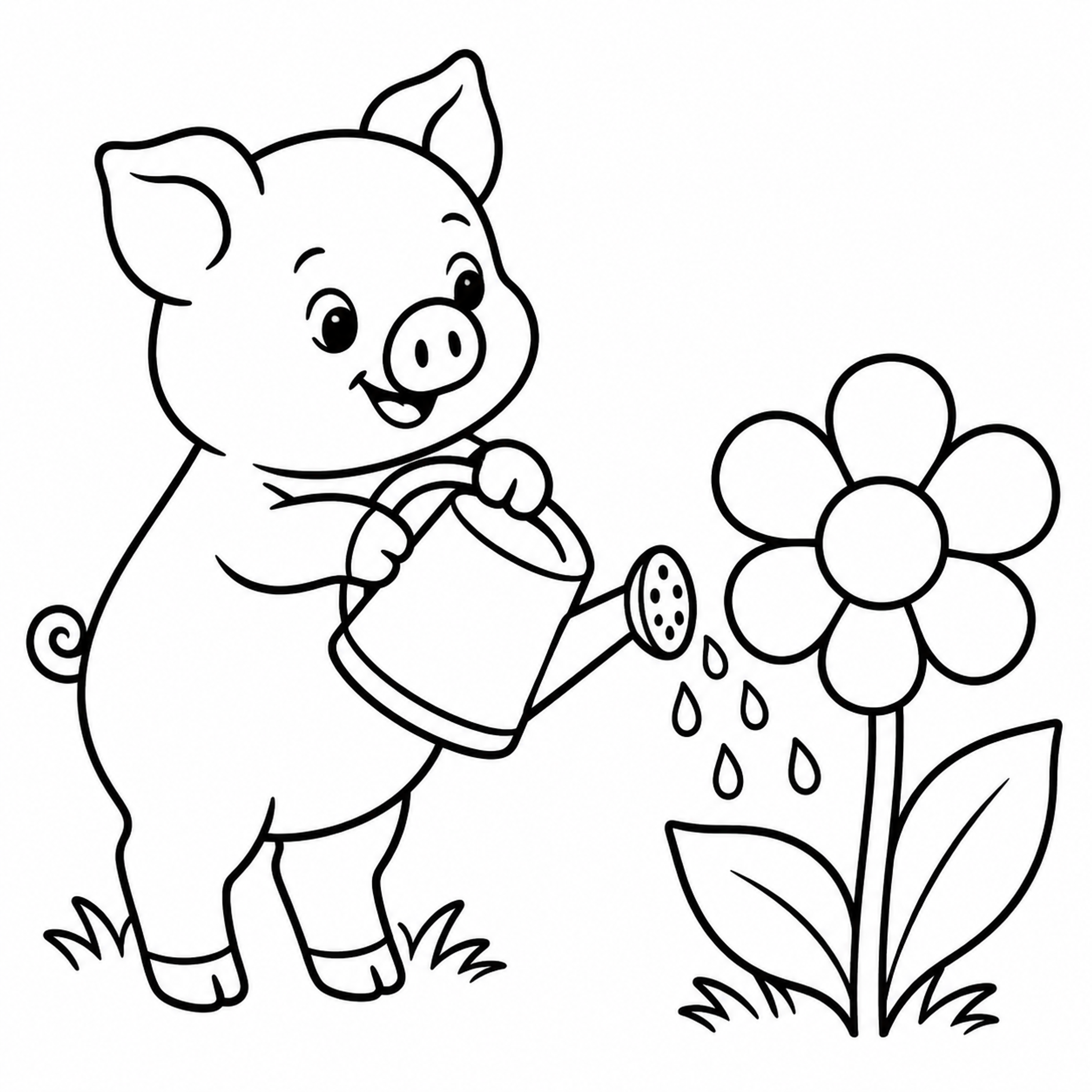 Pig Watering a Flower Coloring Page - printable coloring page preview
