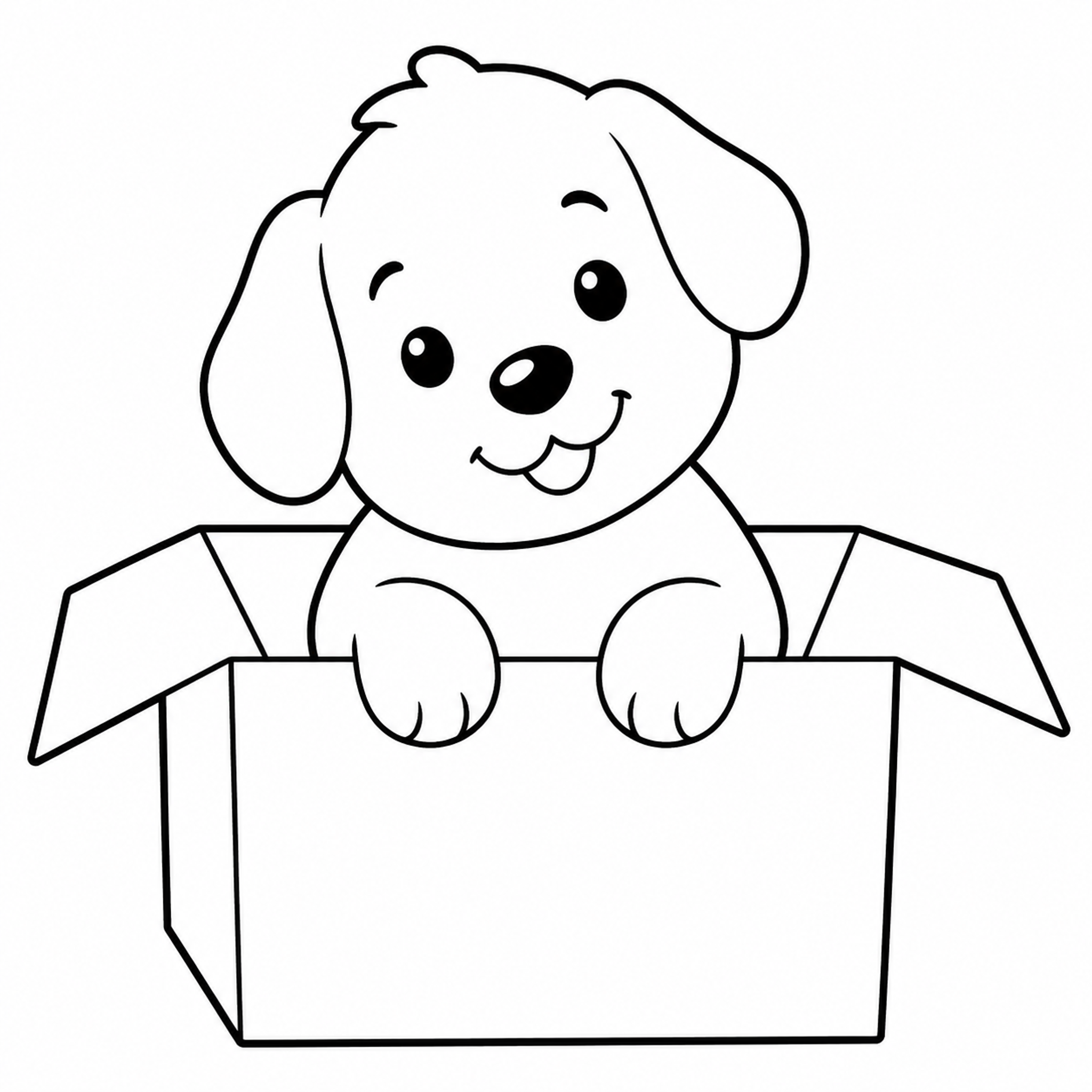 Puppy Sitting in a Cardboard Box Coloring Page - printable coloring page preview