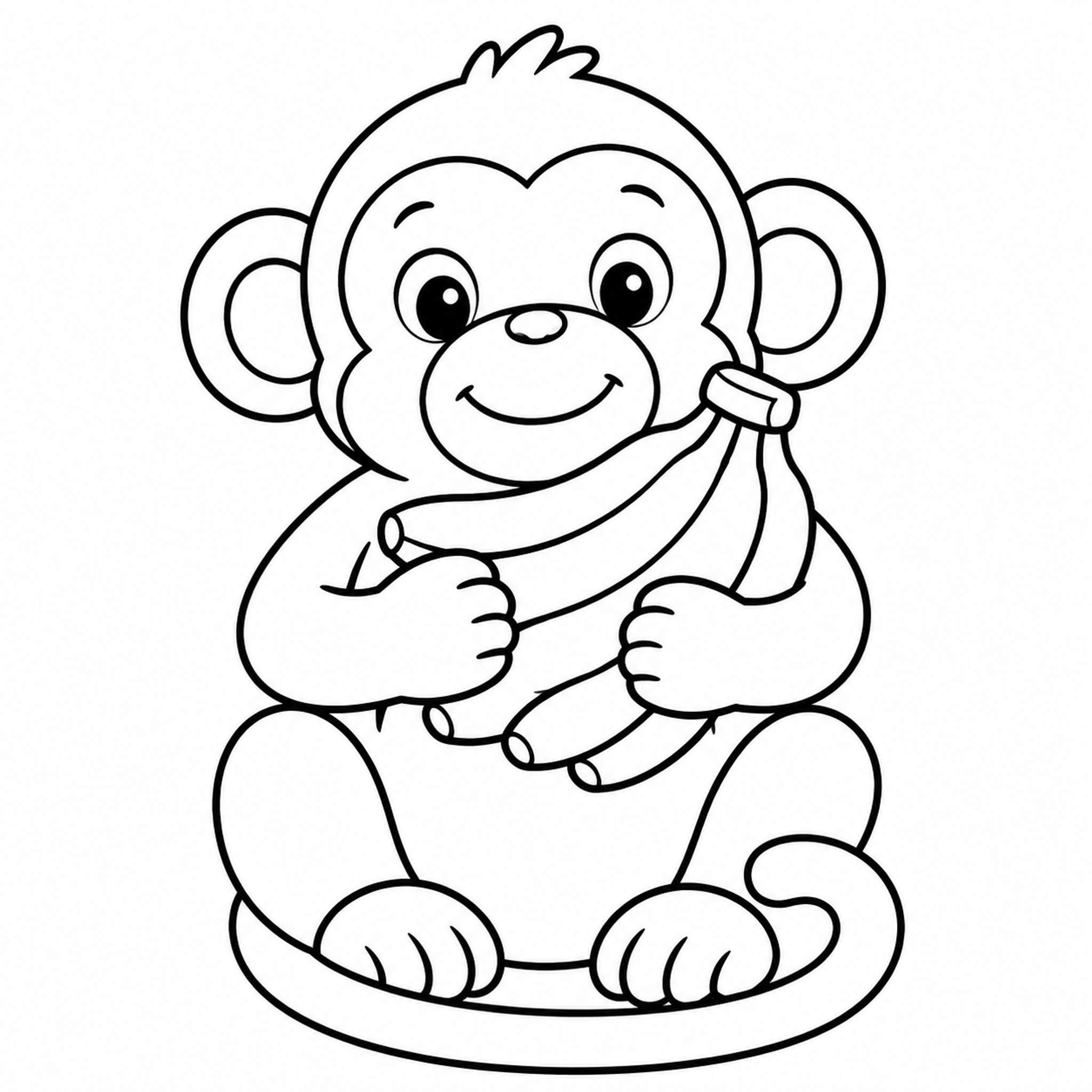 Round Monkey Hugging a Banana Bunch Coloring Page - printable coloring page preview