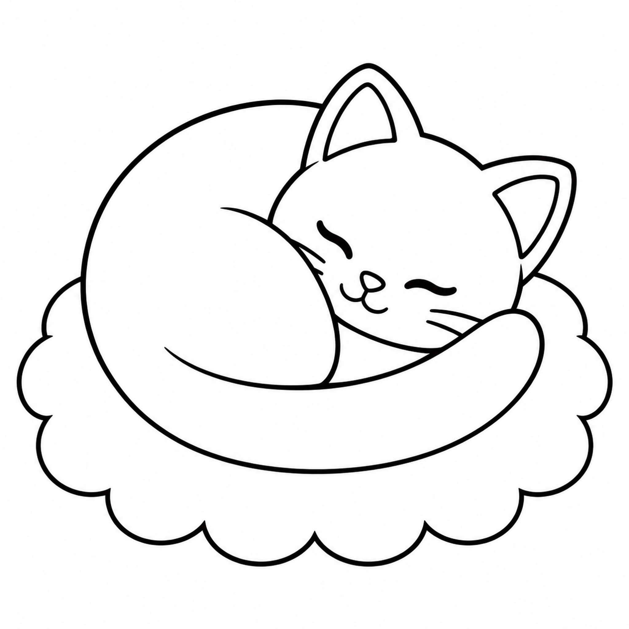 Sleeping Cat Curled on a Round Cushion Coloring Page - printable coloring page preview