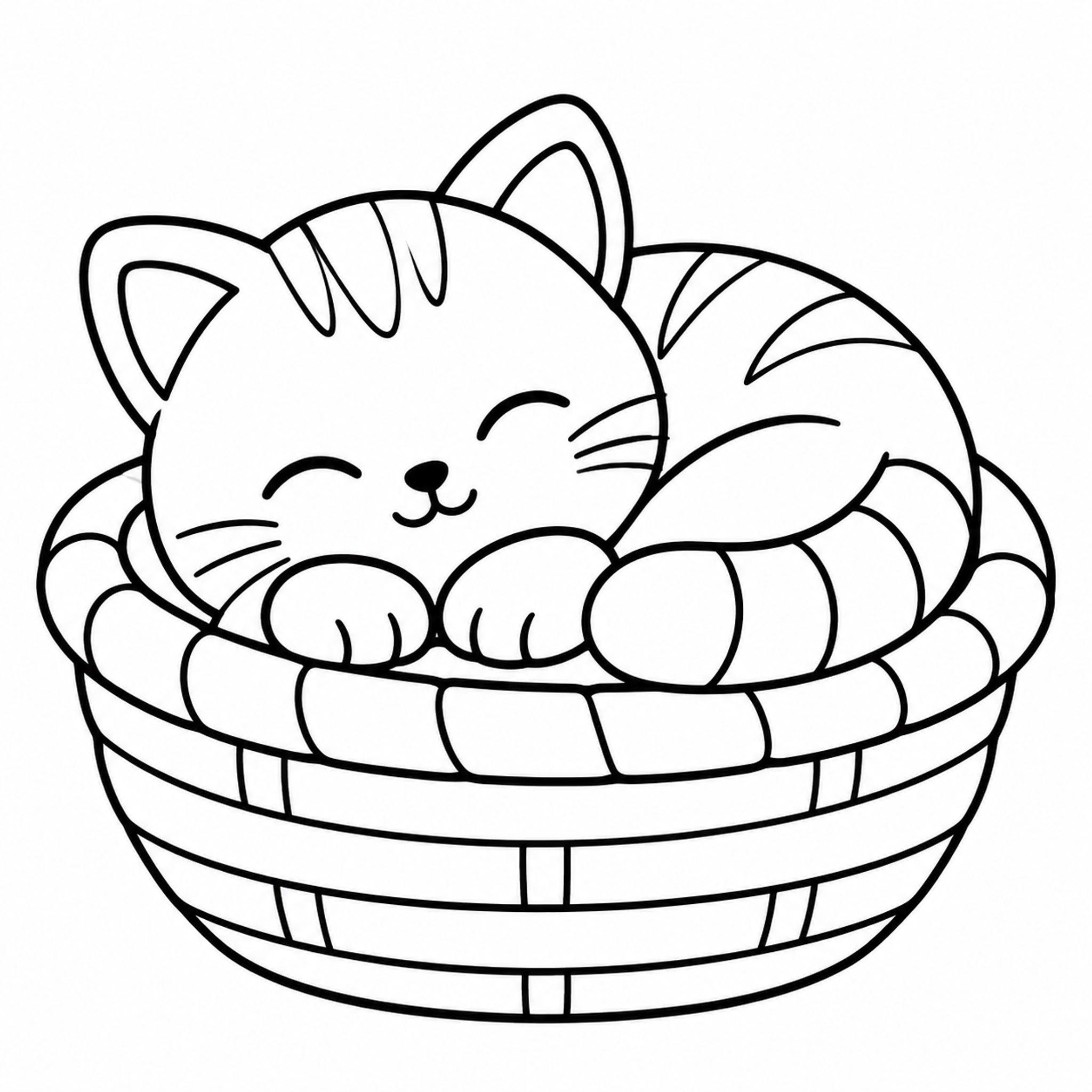 Sleeping Kitten in a Wicker Basket Coloring Page - printable coloring page preview