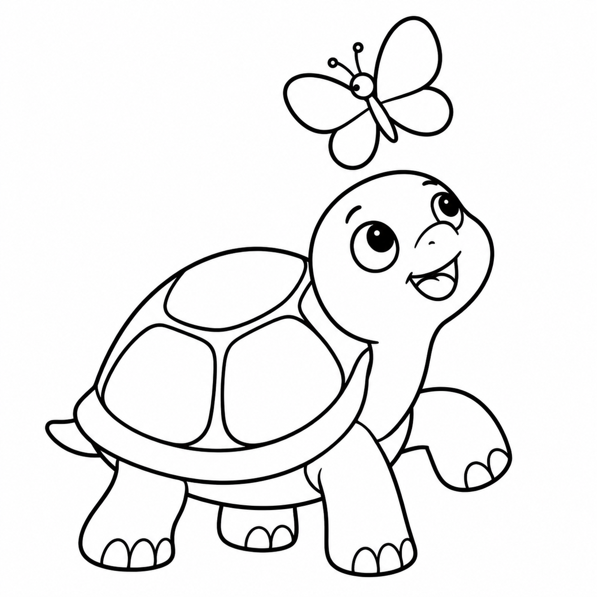 Smiling Turtle and Butterfly Coloring Page for Kids - printable coloring page preview