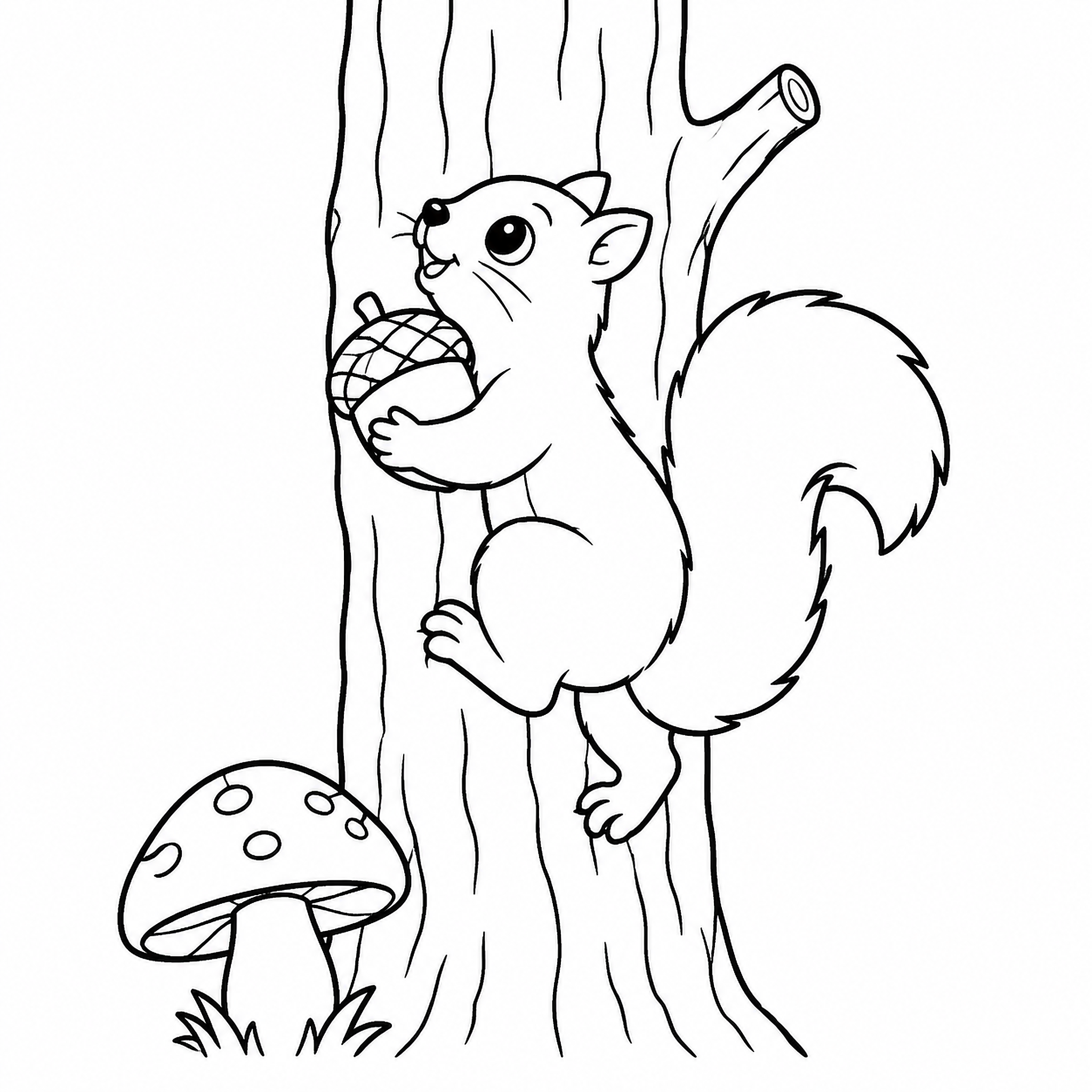 Squirrel Climbing Tree with Acorn Coloring Page - printable coloring page preview