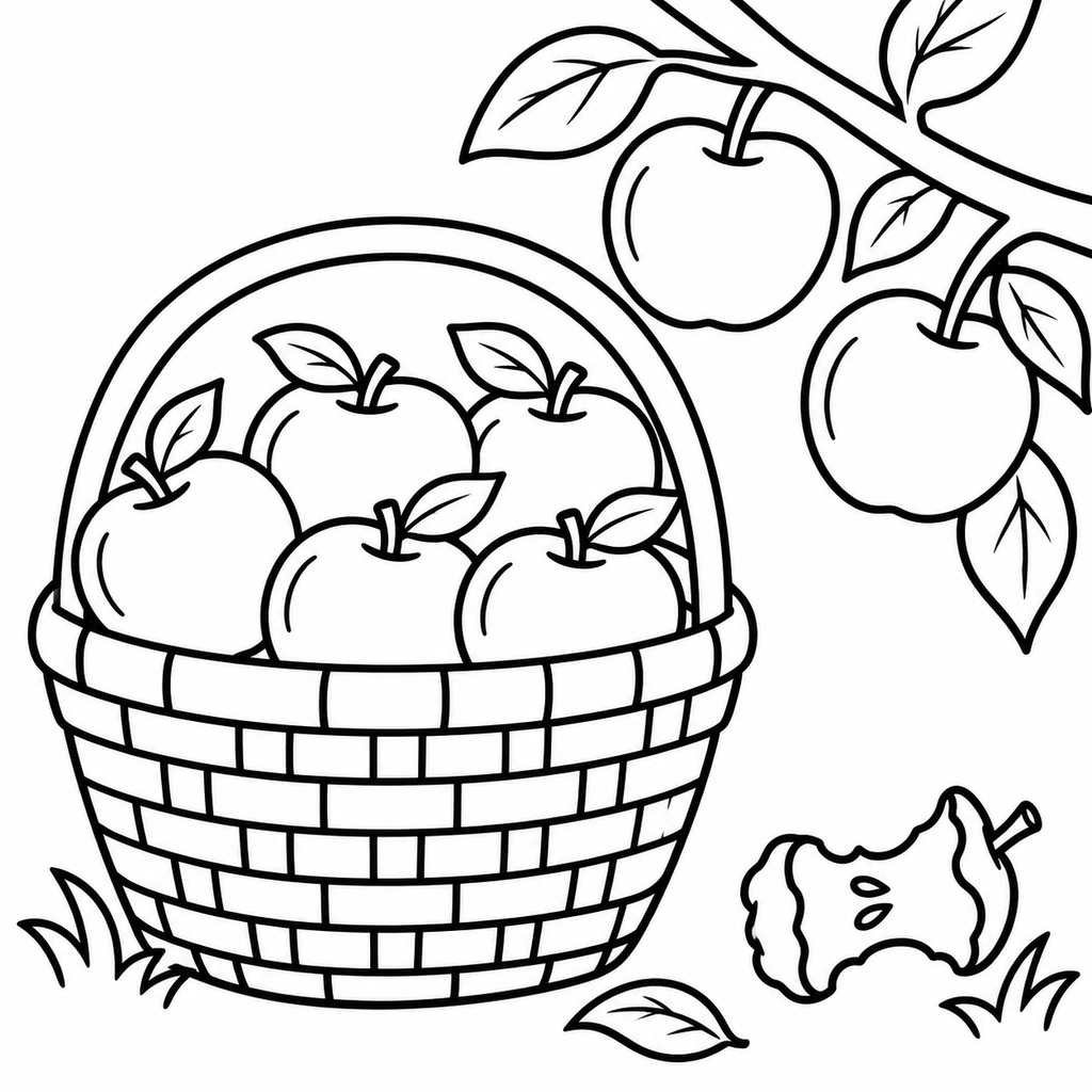 Apple Picking Basket with Six Apples Coloring Page - printable coloring page preview