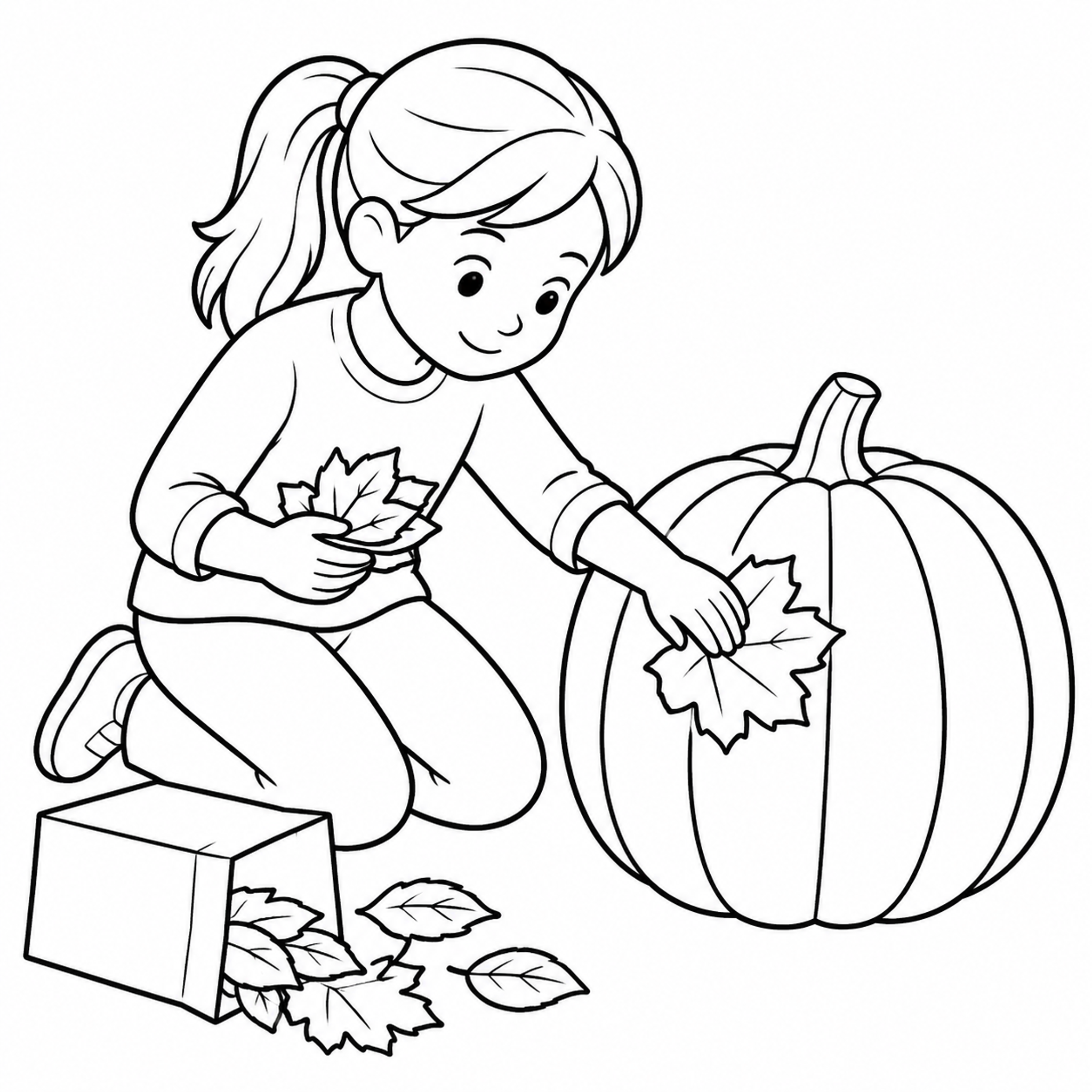Child Gluing Leaves onto a Pumpkin Coloring Page - printable coloring page preview