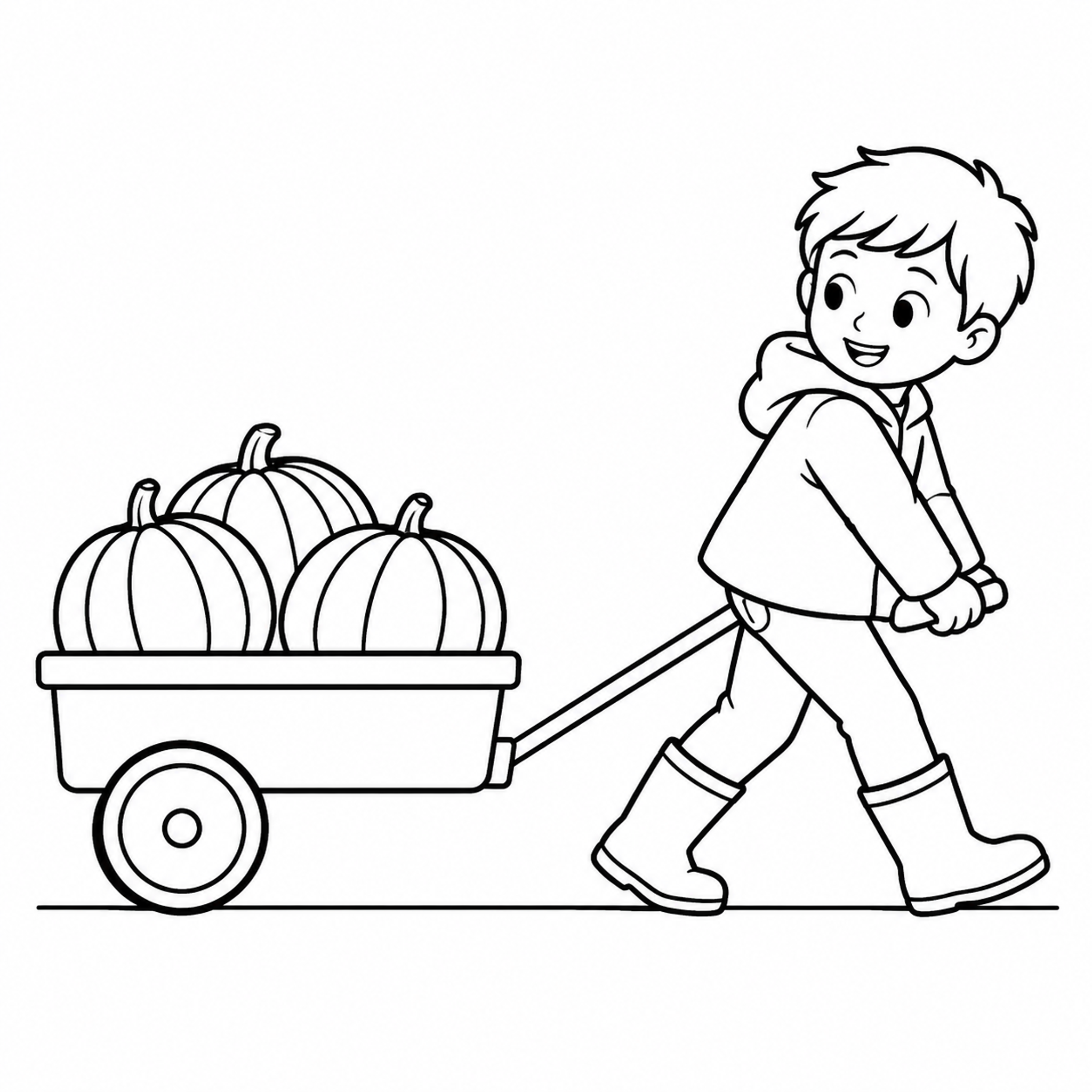 Child Pulling a Wagon Full of Pumpkins Coloring Page - printable coloring page preview
