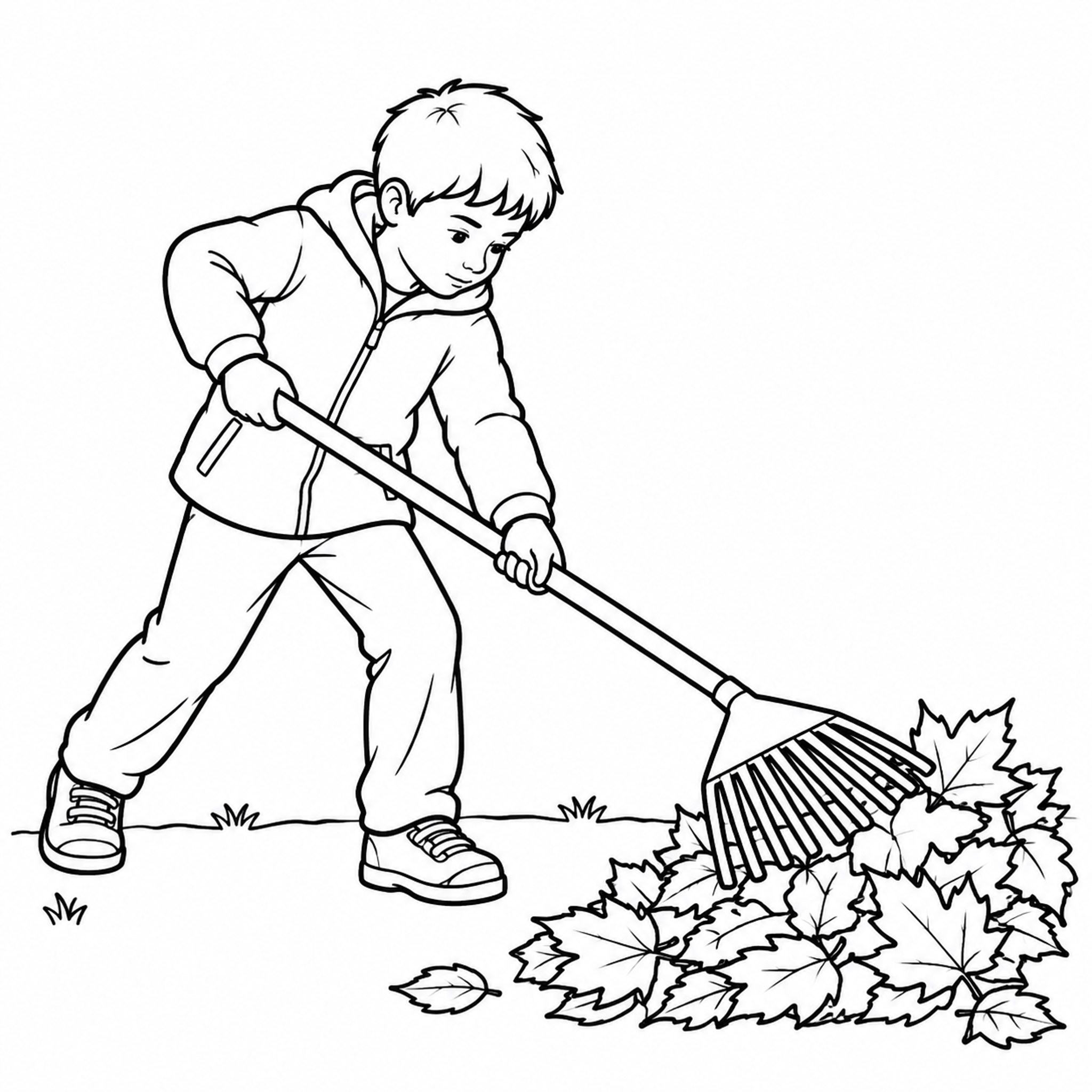 Child Raking a Leaf Pile Autumn Coloring Page - printable coloring page preview