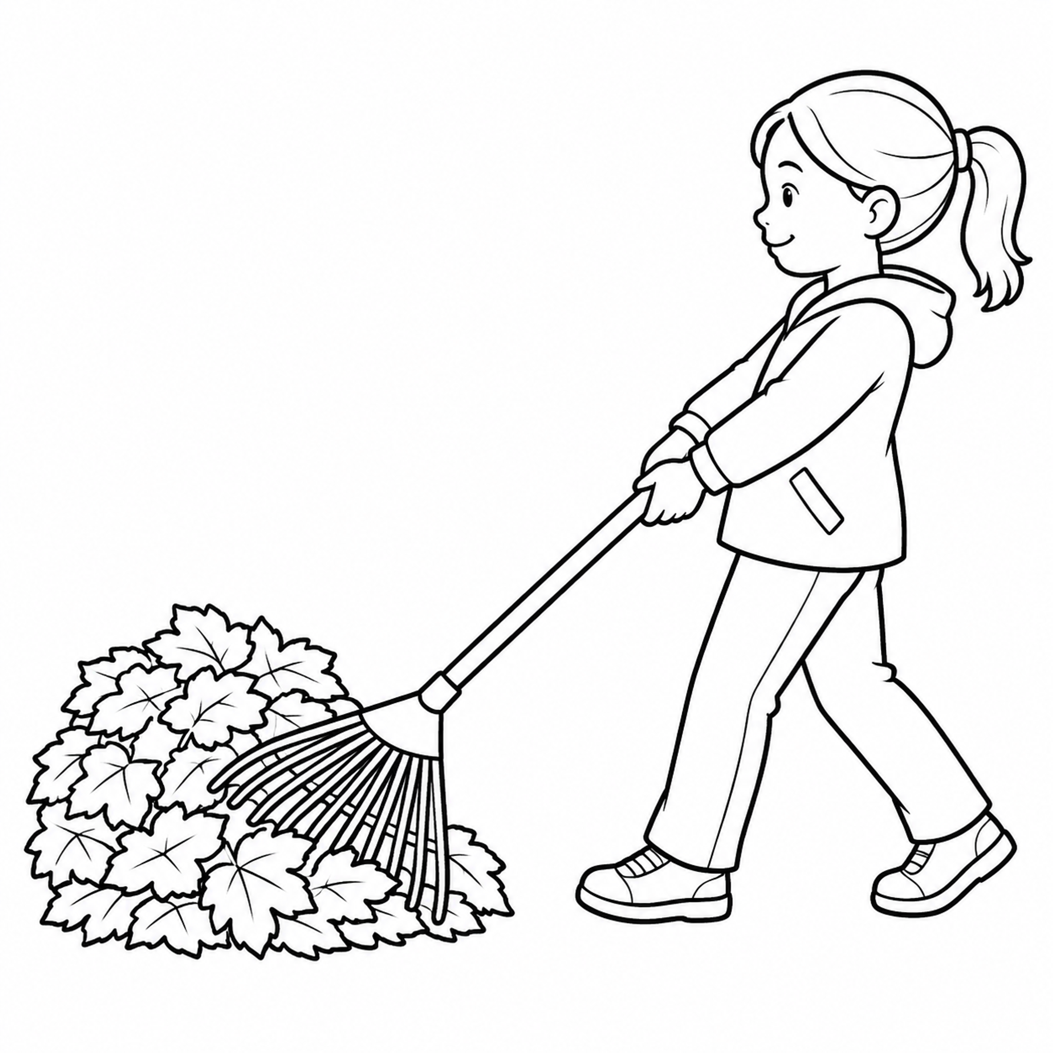 Child Raking Leaves into a Pile Autumn Coloring Page - printable coloring page preview