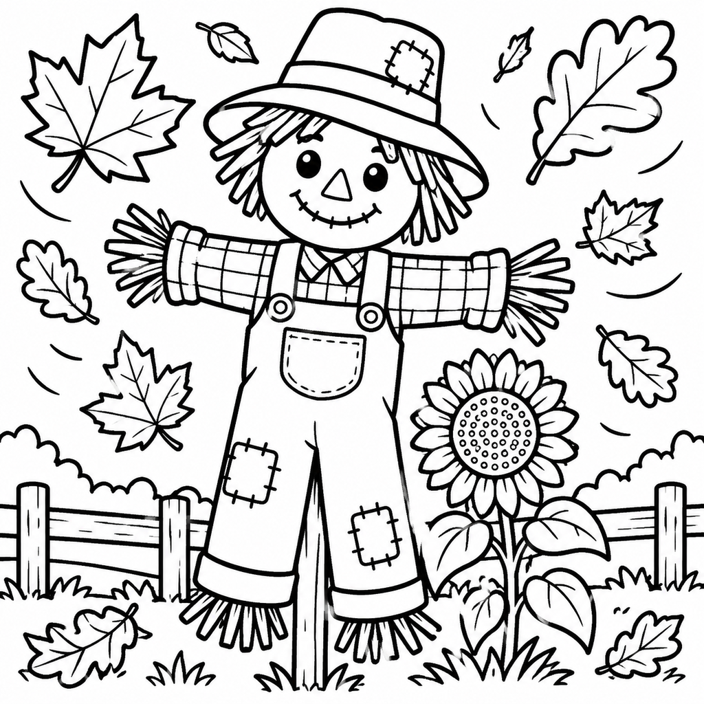 Free Fall Leaves And Scarecrow Coloring Pages 2 - printable coloring page preview