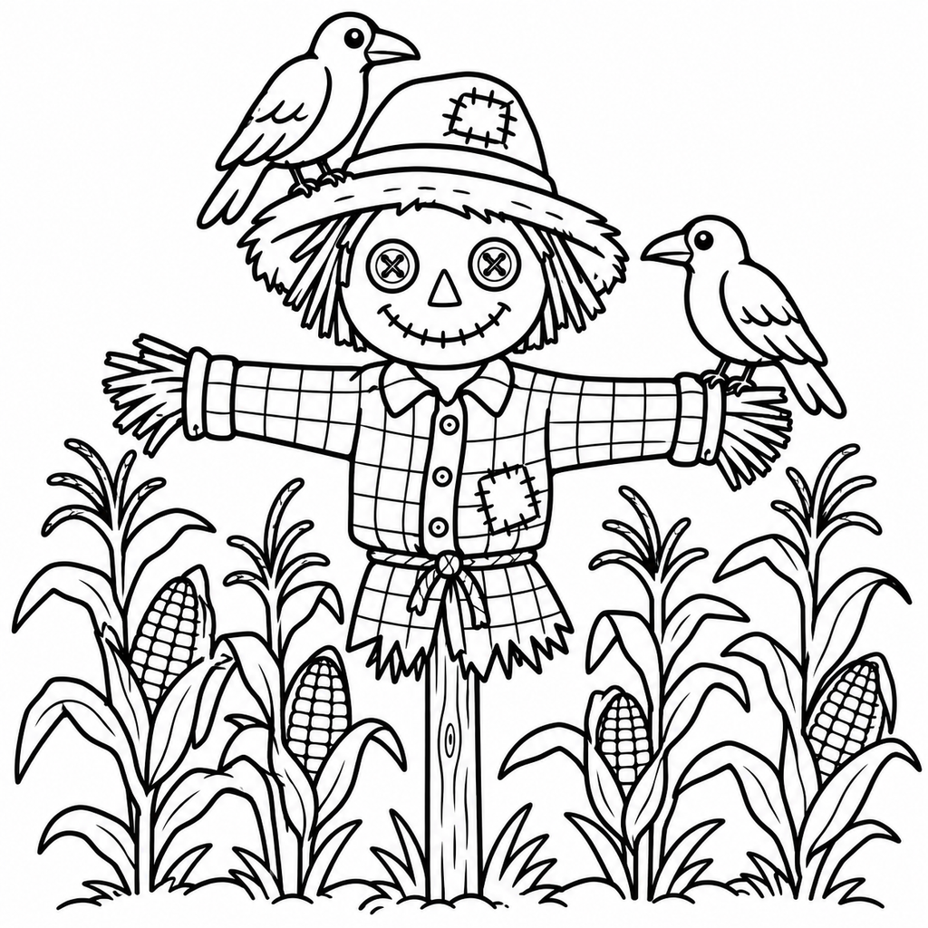 Friendly Harvest Scarecrow in Corn Patch Coloring Page - printable coloring page preview