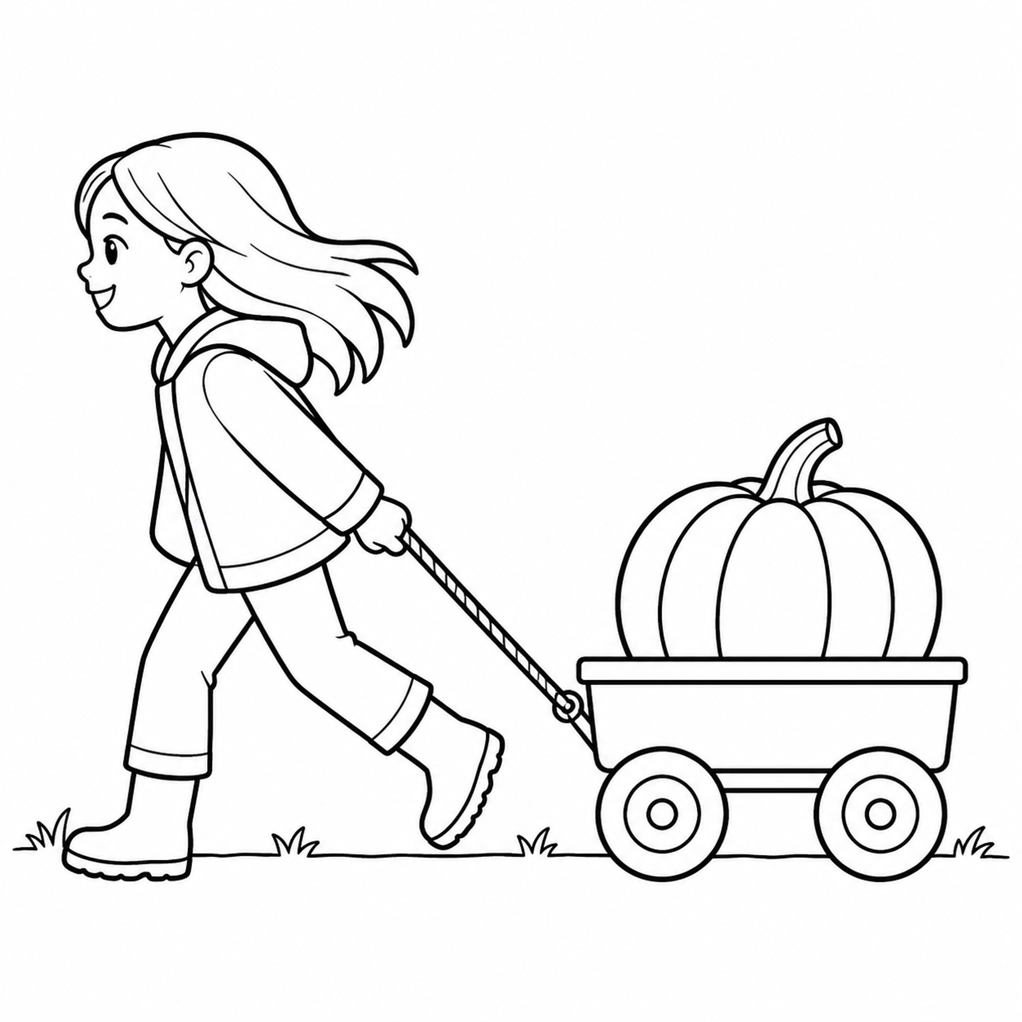 Girl Pulling Wagon Full of Pumpkins Coloring Page - printable coloring page preview