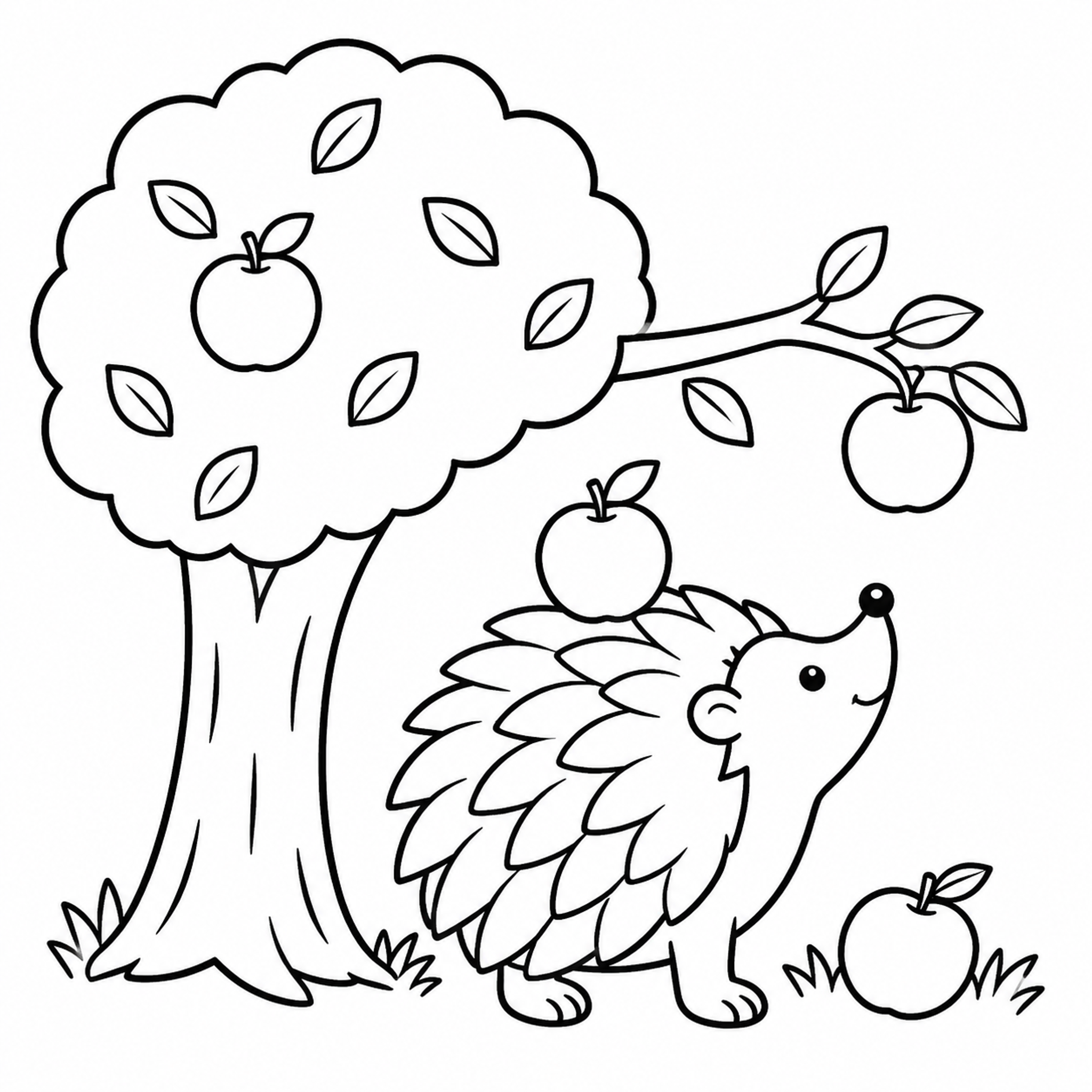 Hedgehog with Fallen Apples Coloring Page - printable coloring page preview
