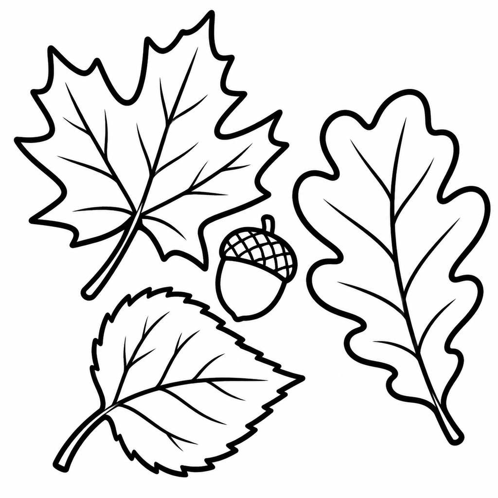 Maple, Oak, and Birch Leaves with Acorn Coloring Page - printable coloring page preview