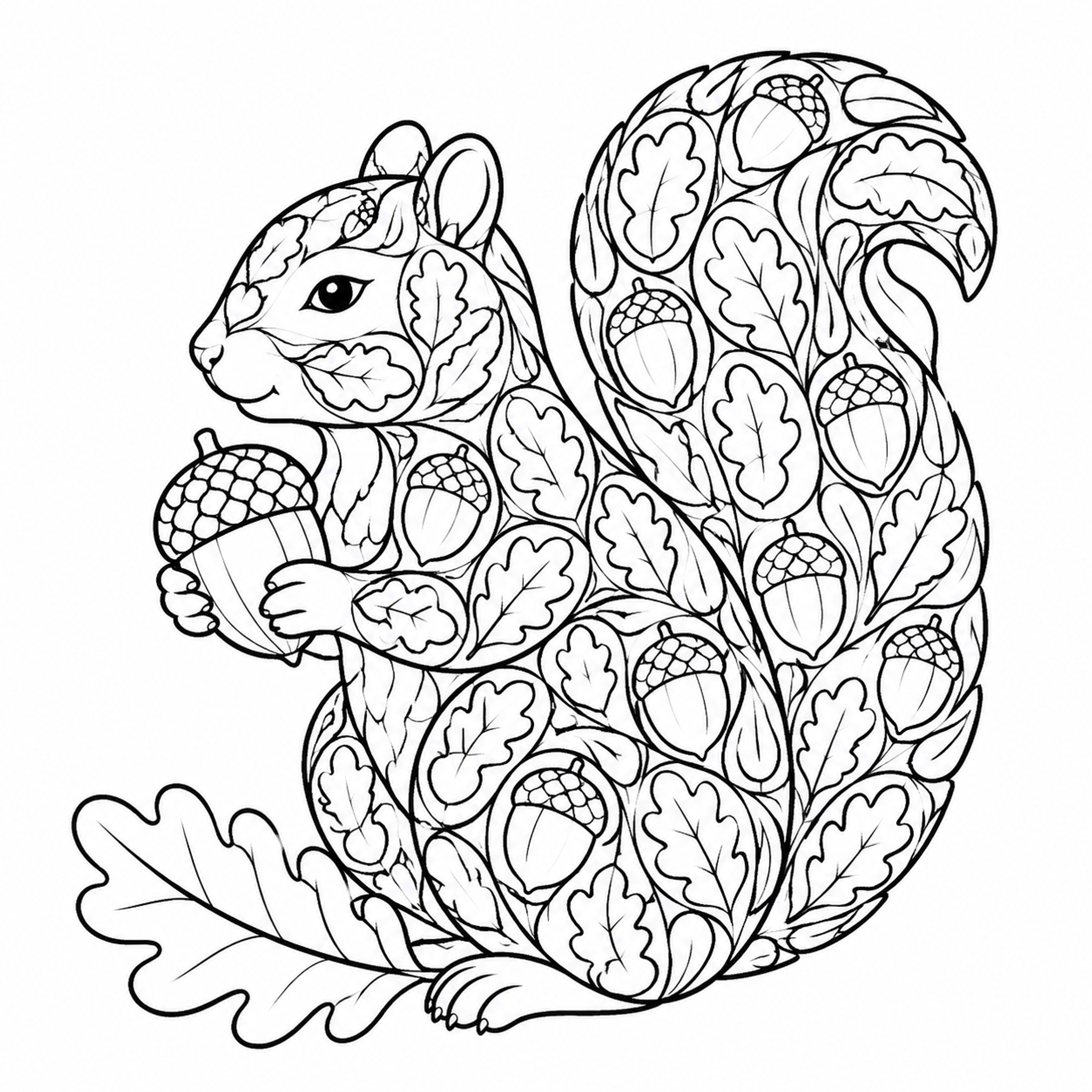 Ornamental Squirrel with Acorn and Oak Leaf Patterns Coloring Page - printable coloring page preview