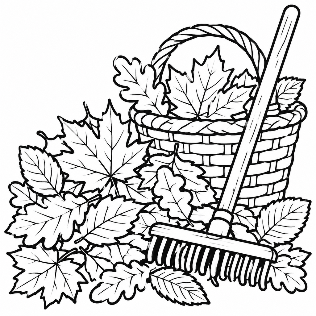 Pile of Autumn Leaves with Rake and Basket Coloring Page preview