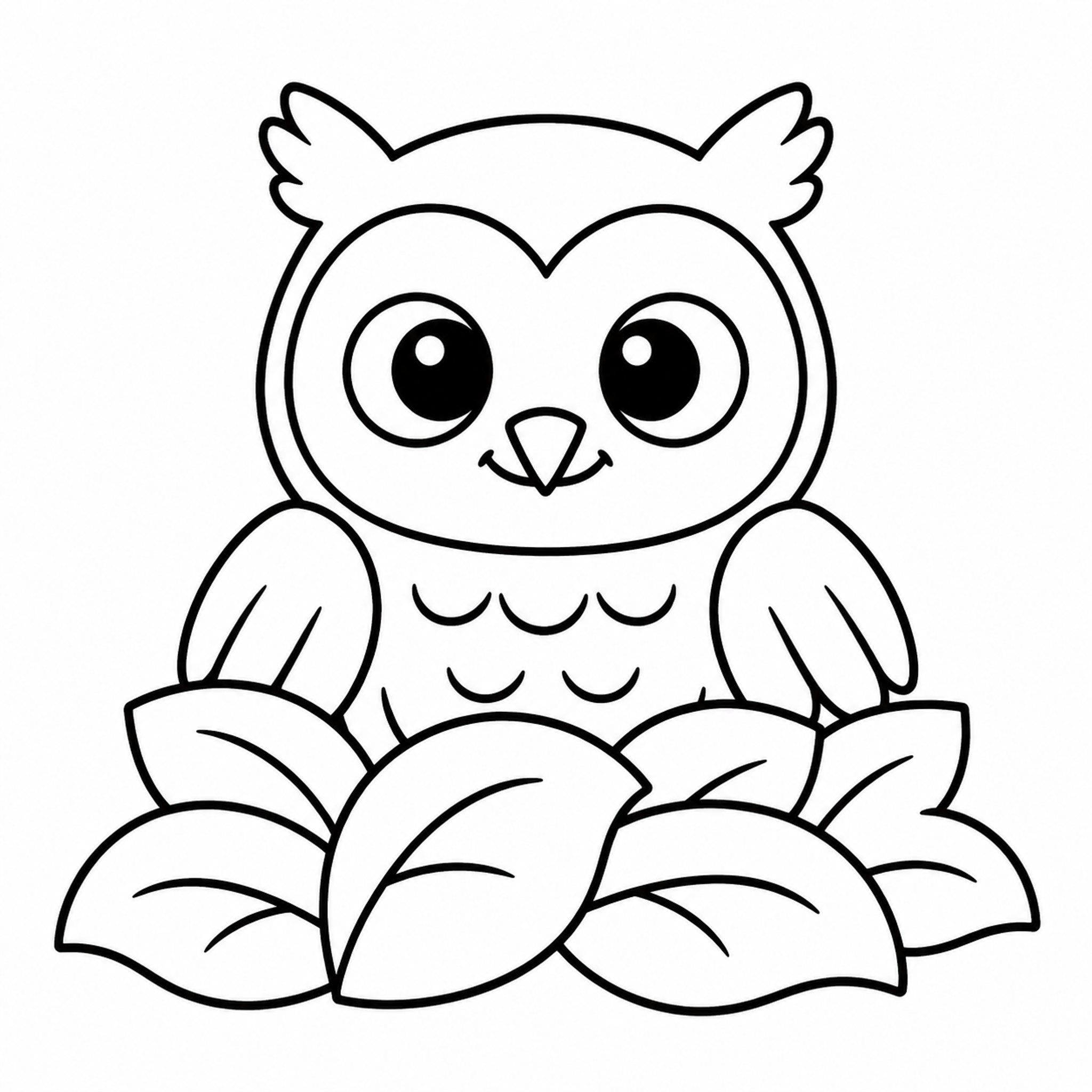 Round Owl Peeking from a Leaf Pile Coloring Page - printable coloring page preview