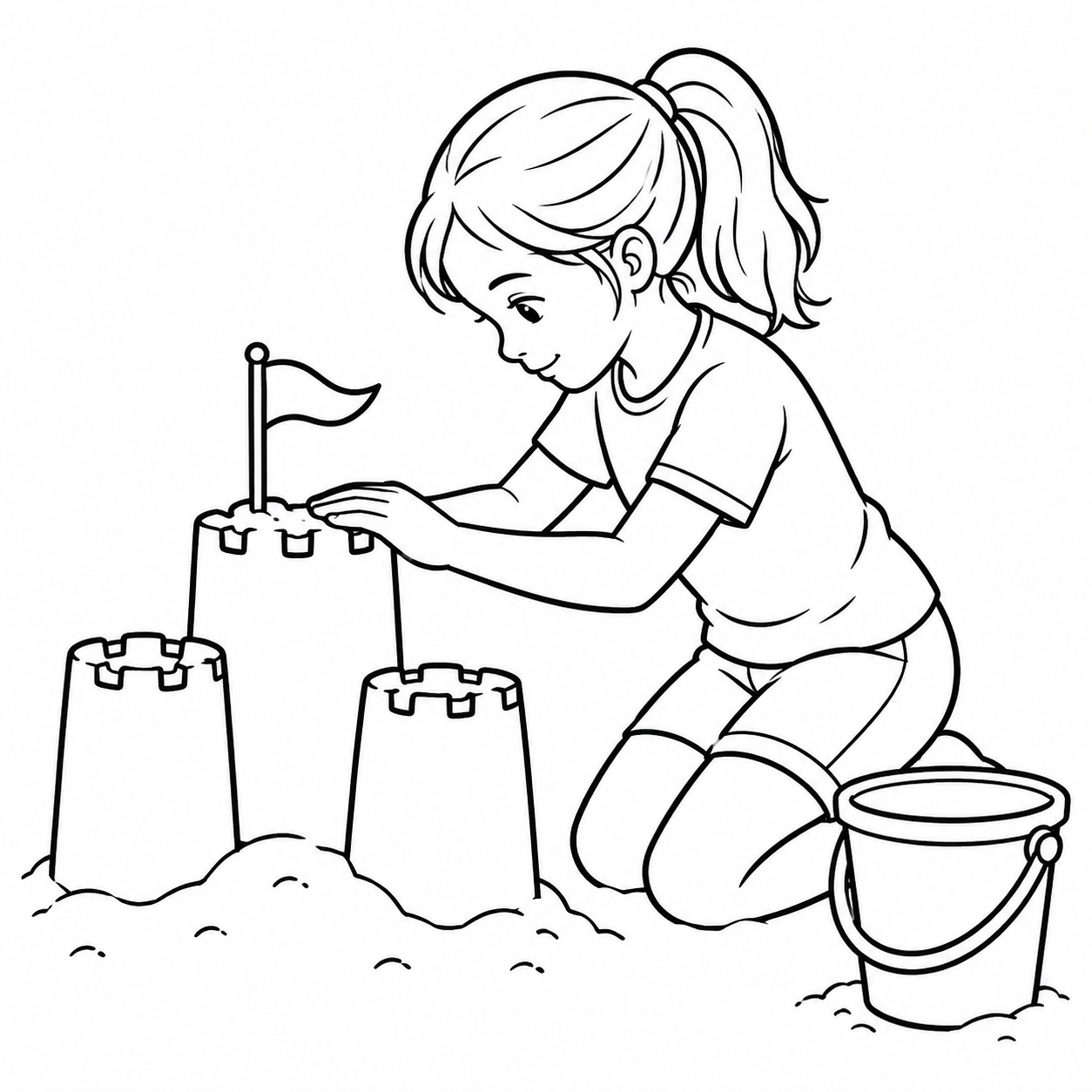 Child Building a Sandcastle with a Bucket Coloring Page preview
