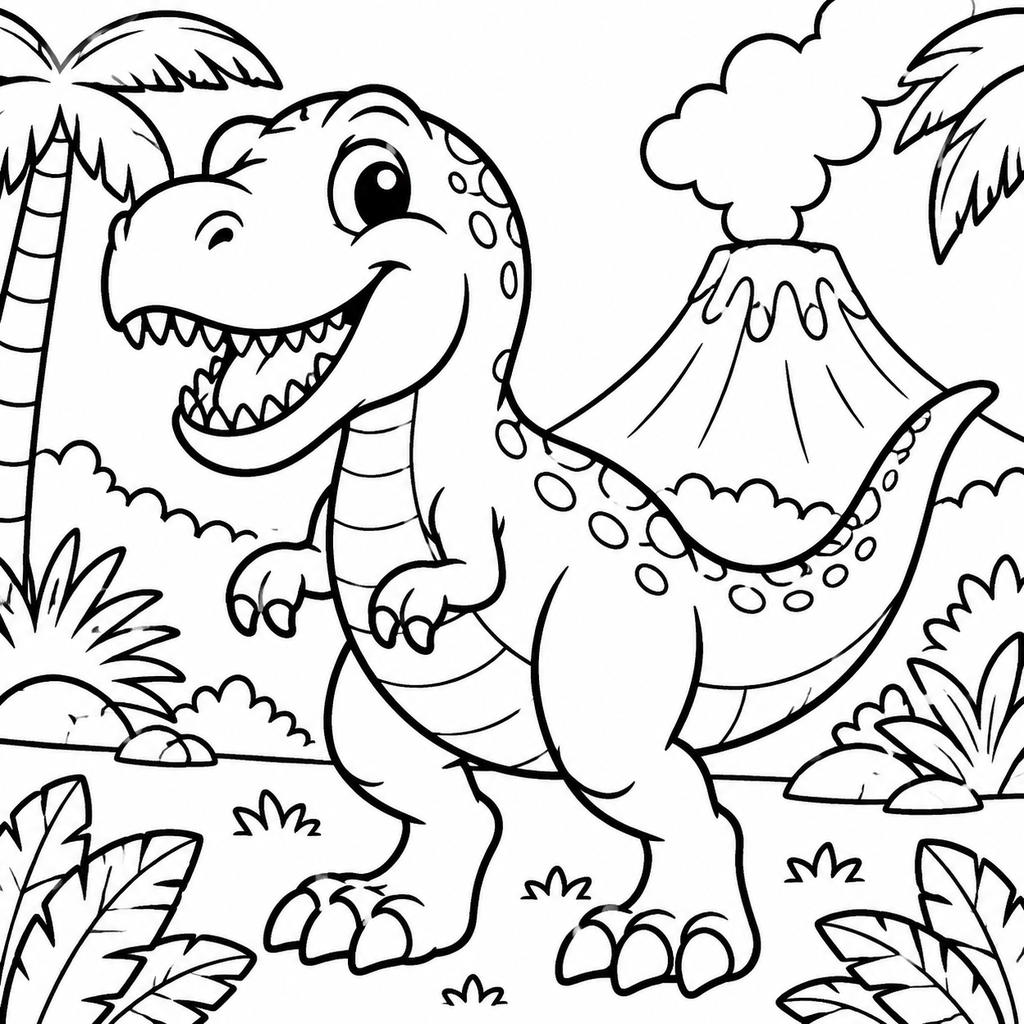 Friendly T-Rex in Prehistoric Landscape Coloring Page - printable coloring page preview