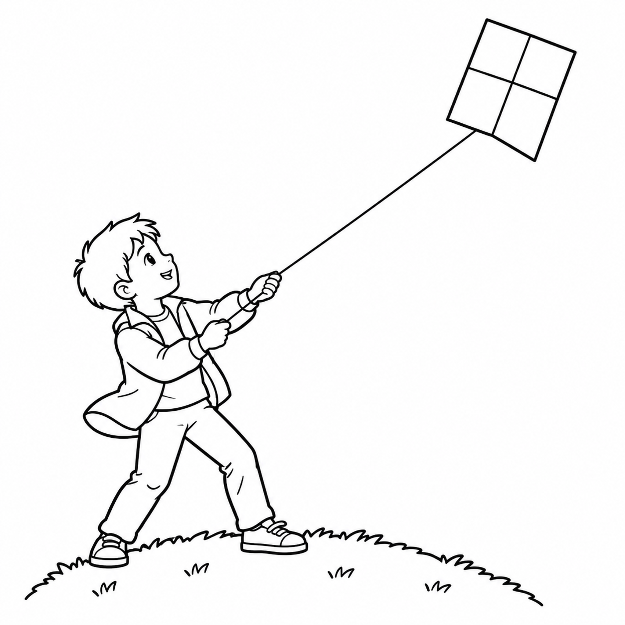 Boy Flying a Box Kite Coloring Page - printable coloring page preview
