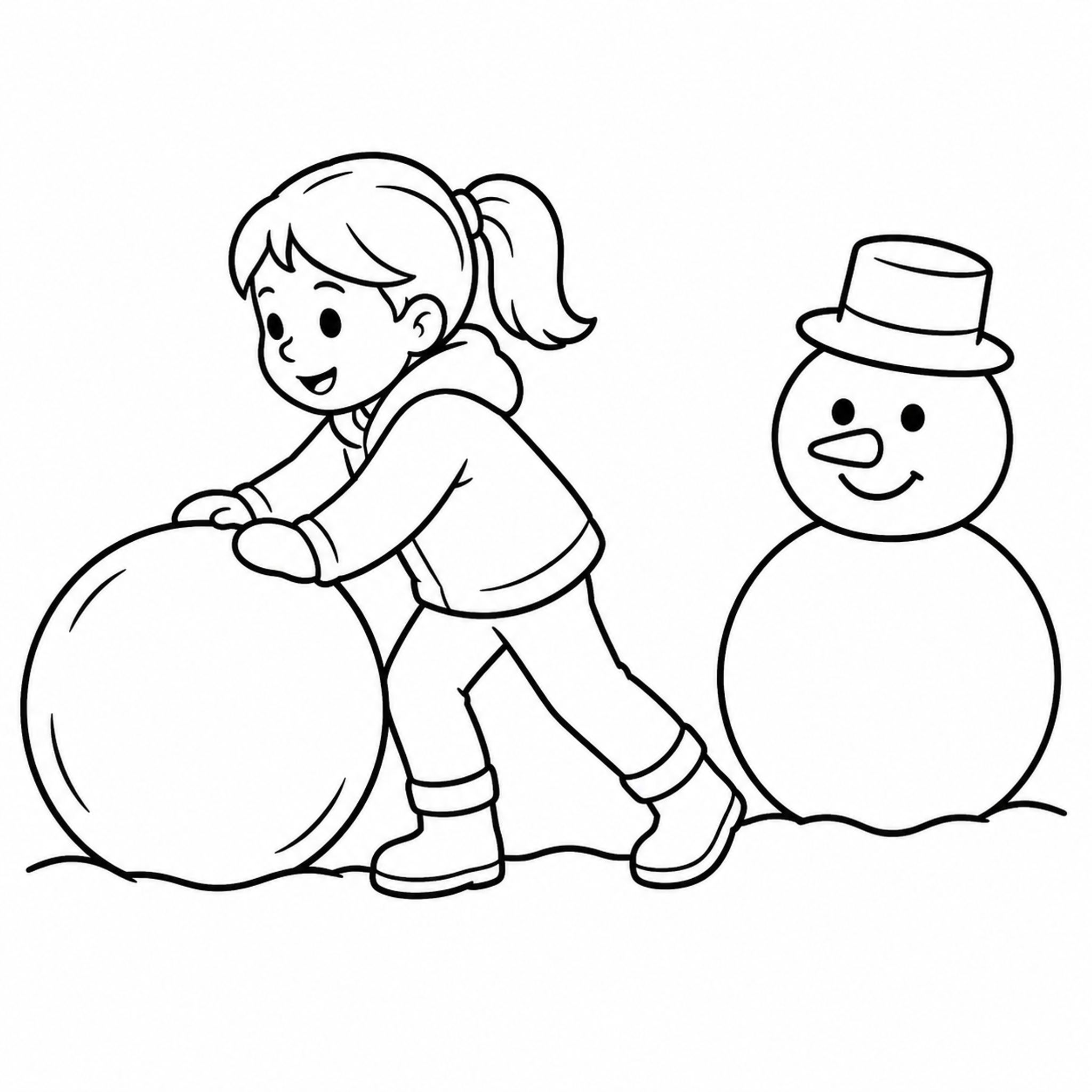 Child Rolling a Snowball Toward a Snowman Coloring Page - printable coloring page preview