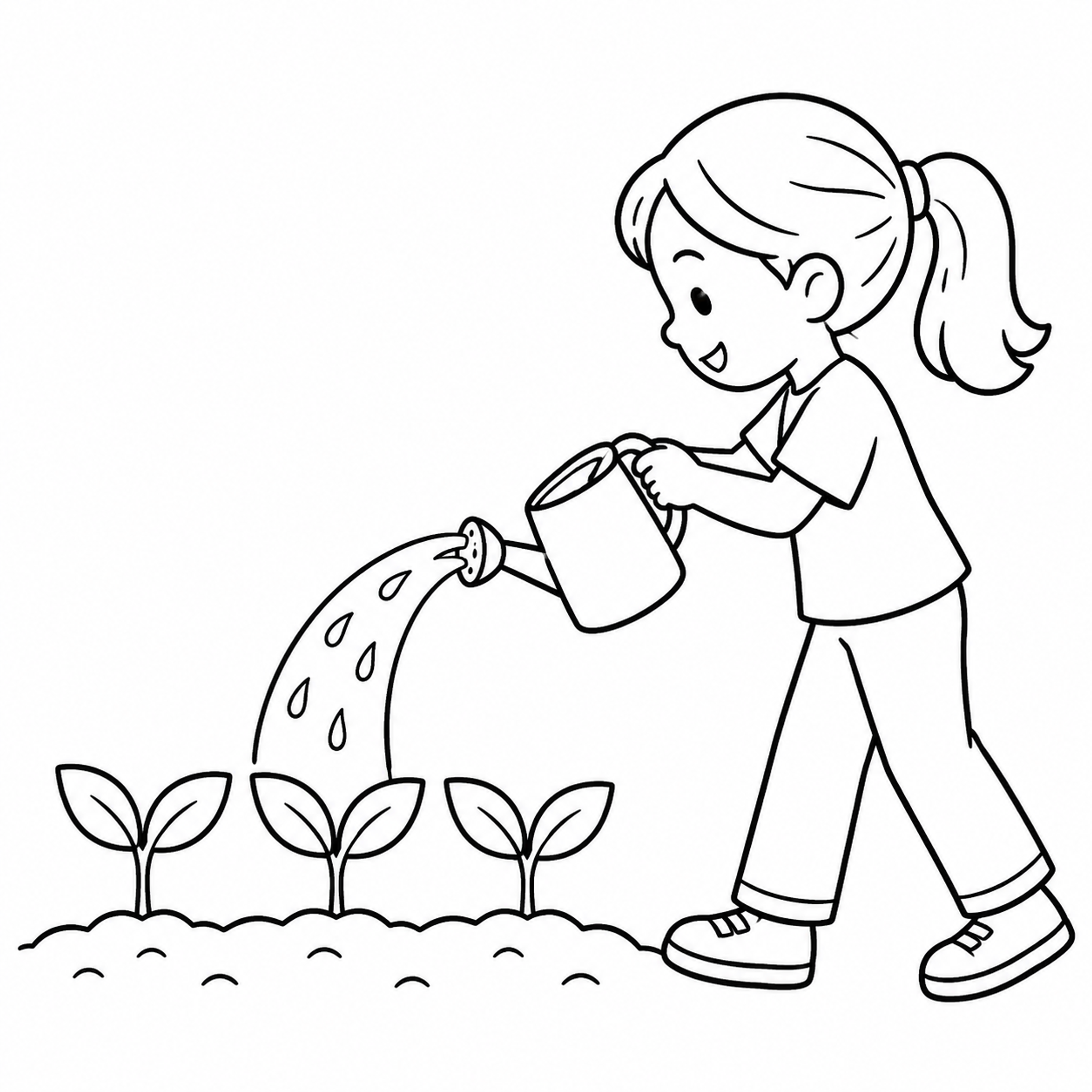 Child Watering Sprouts in a Garden Coloring Page - printable coloring page preview