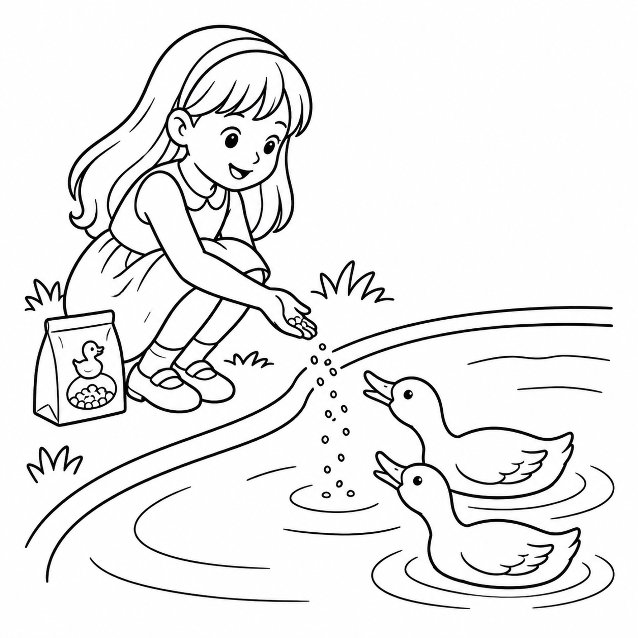 Girl Feeding Ducks at a Pond Coloring Page preview