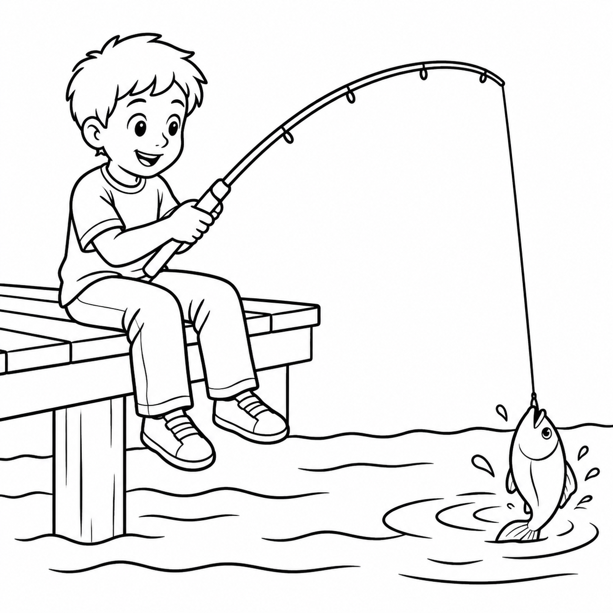 Boy Fishing from a Small Dock Coloring Page preview