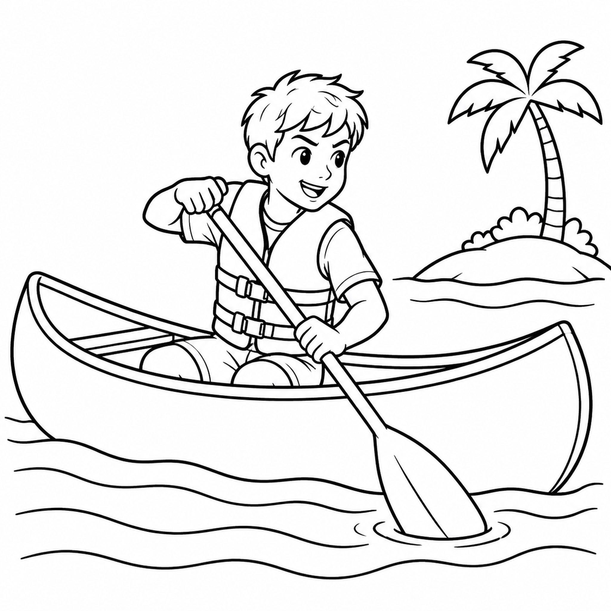 Boy Paddling a Canoe with Island and Palm Tree Coloring Page - printable coloring page preview