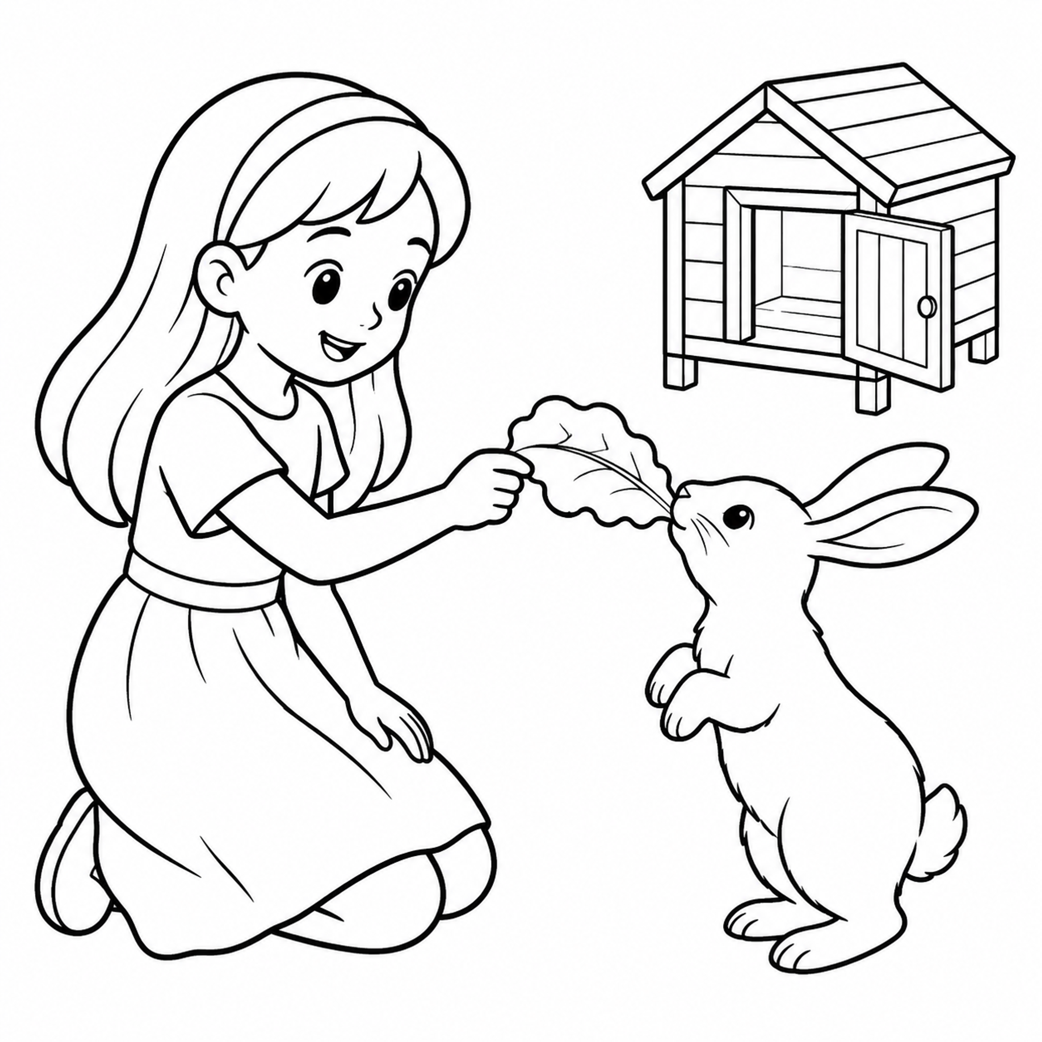 Girl Feeding a Pet Rabbit Coloring Page preview