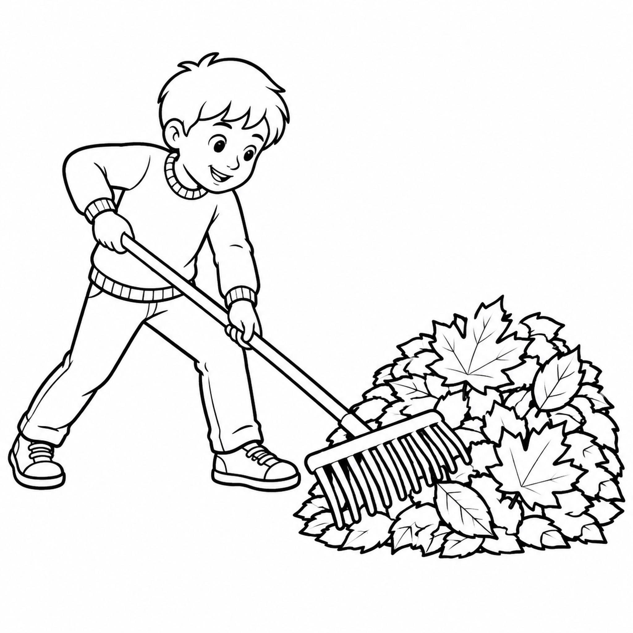 Child Raking a Leaf Pile Coloring Page preview