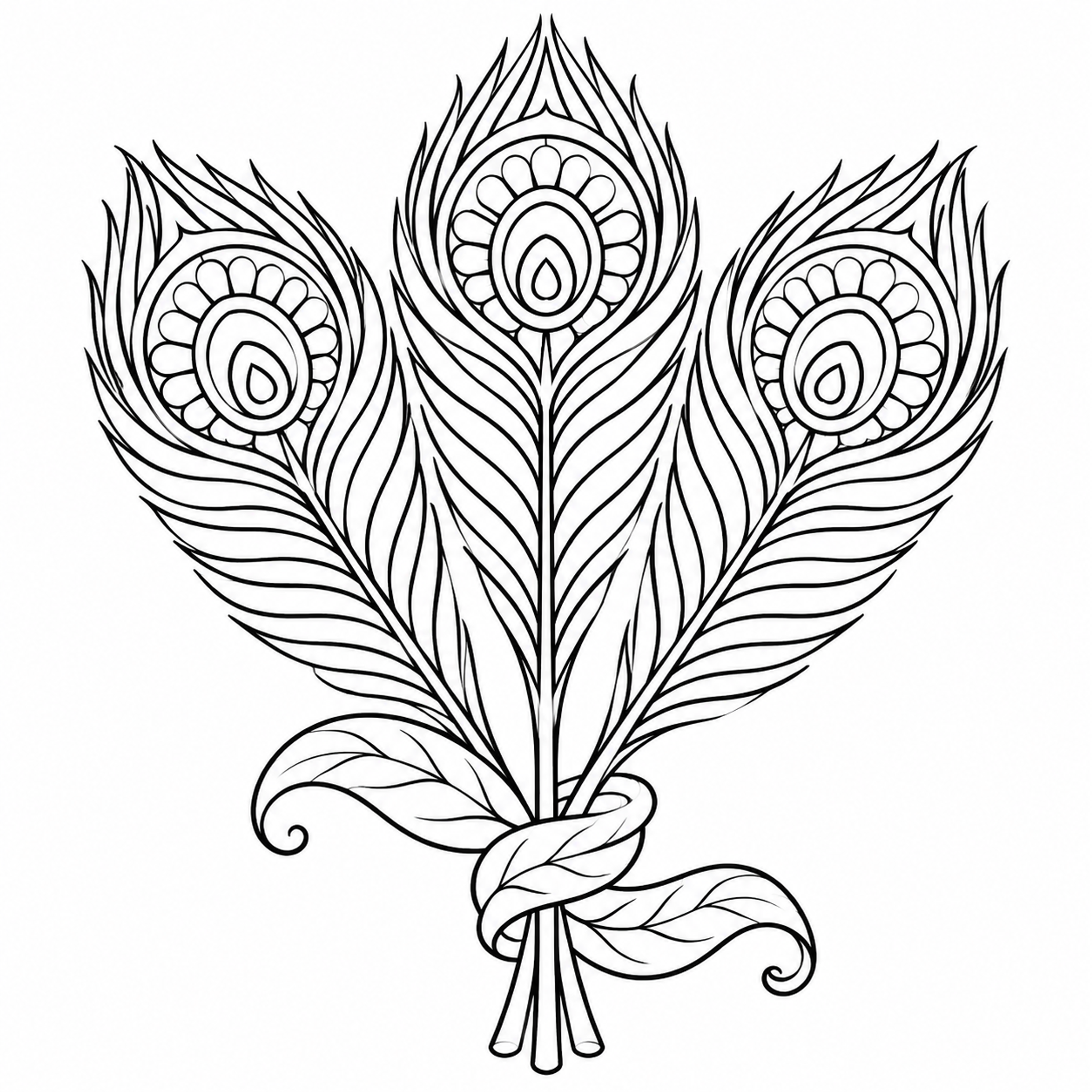 Three Peacock Feathers with Leaf Ribbon Coloring Page - printable coloring page preview