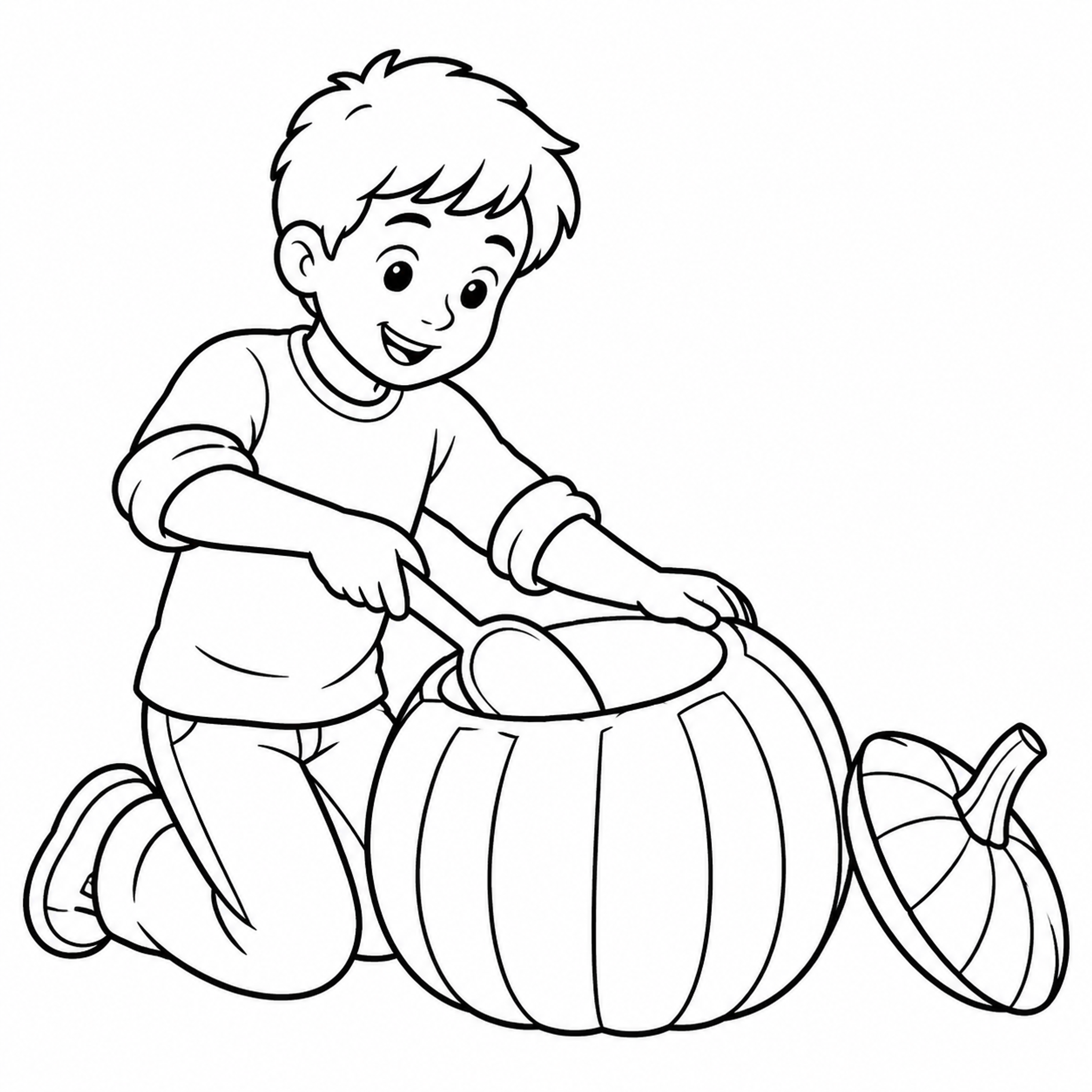 Boy Scooping Out a Pumpkin Halloween Coloring Page - printable coloring page preview