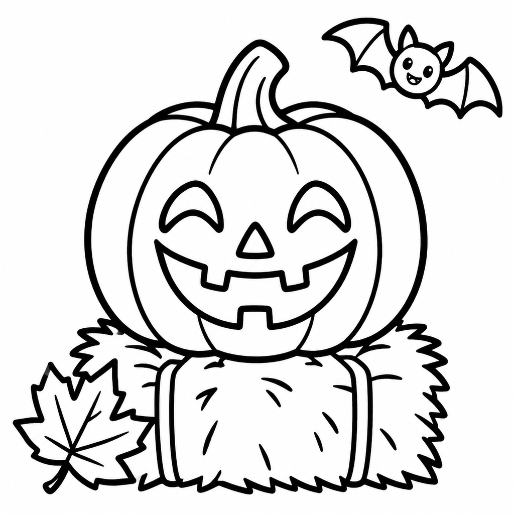 Cheerful Jack-o'-Lantern on Hay Bale Coloring Page - printable coloring page preview