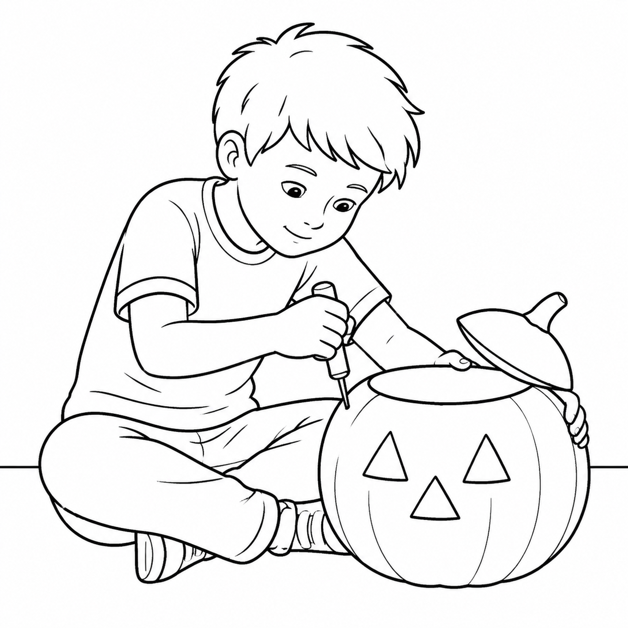 Child Carving a Jack-o-Lantern Coloring Page - printable coloring page preview
