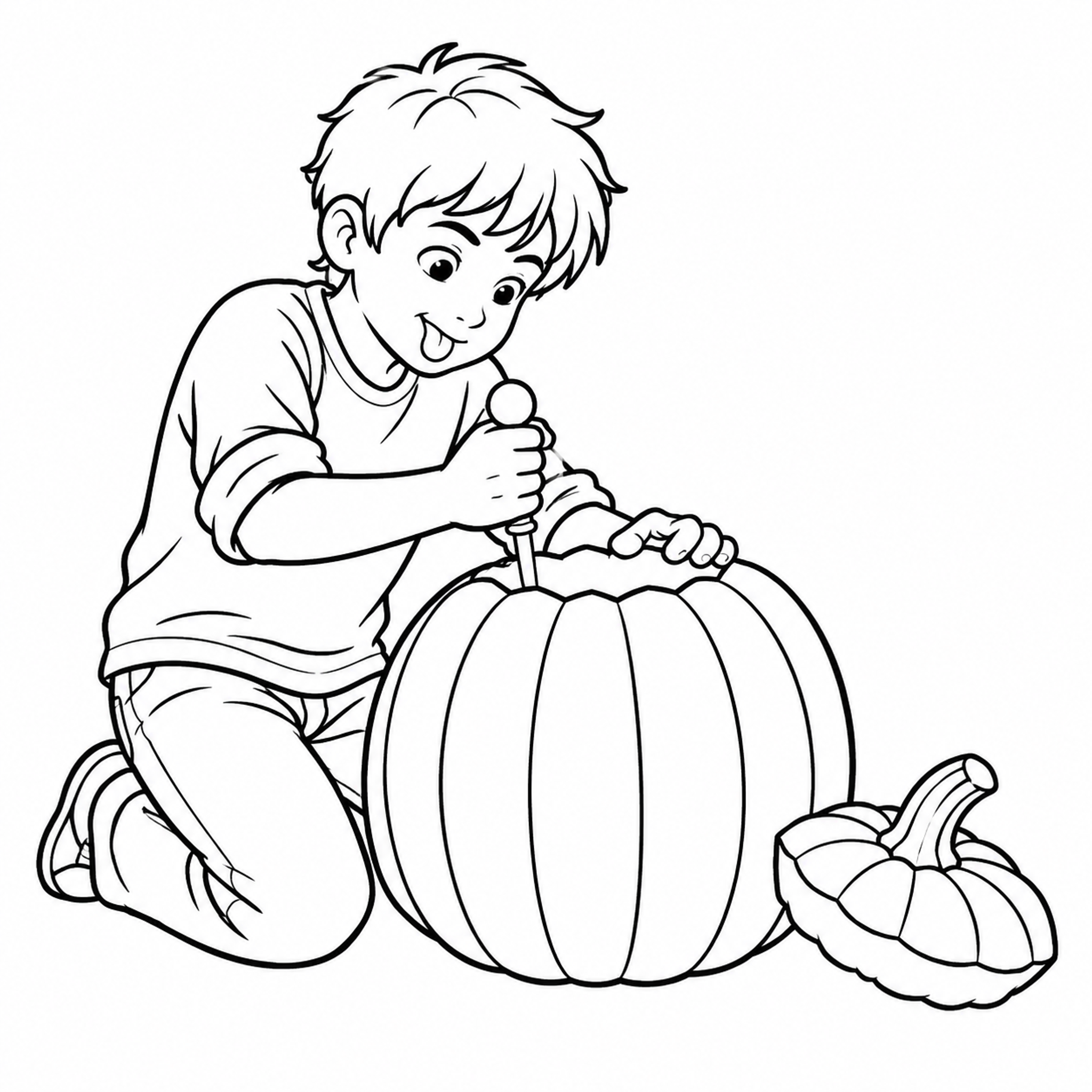 Child Carving a Jack-o'-Lantern Coloring Page - printable coloring page preview