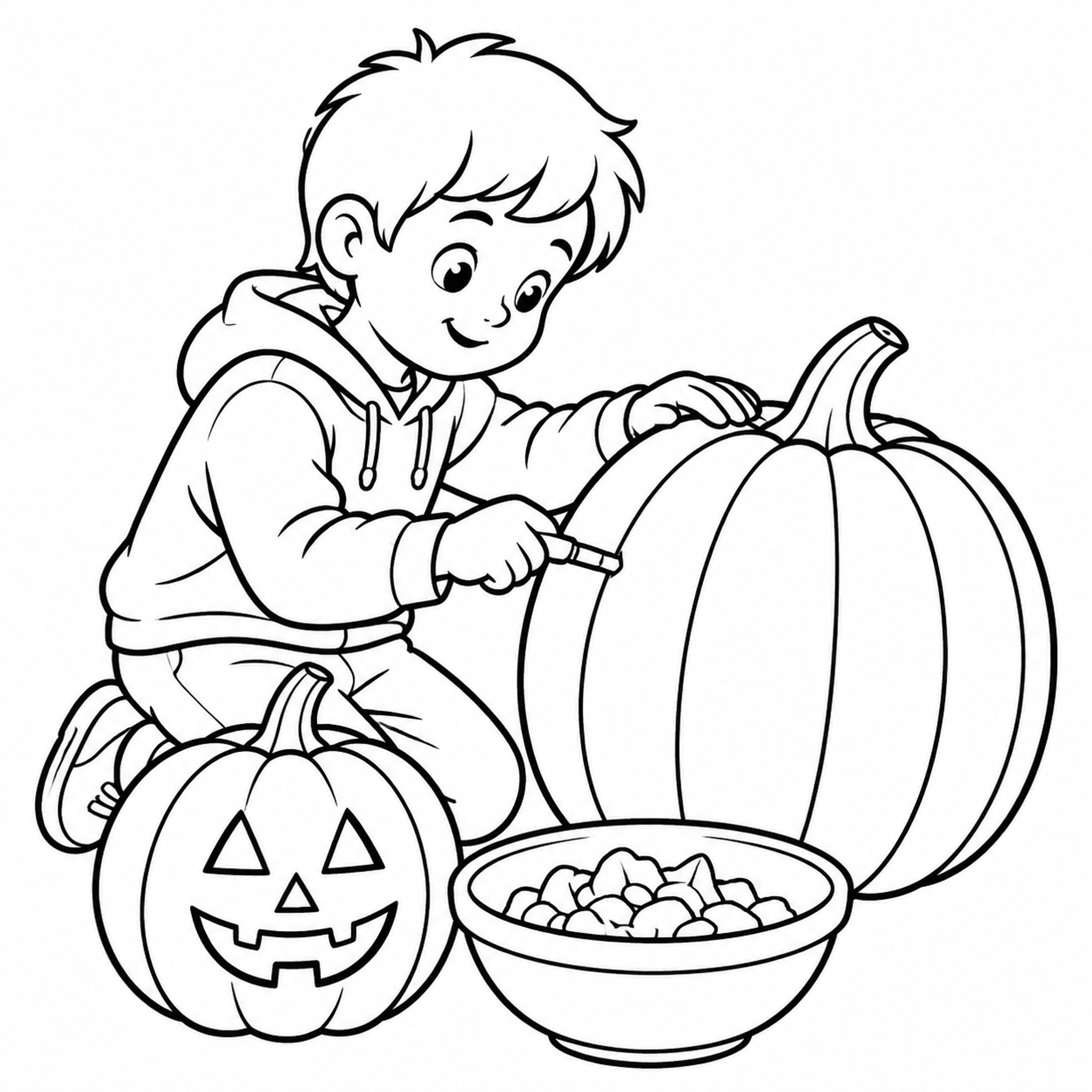 Child Carving a Jack-o'-Lantern on a Porch Step Coloring Page - printable coloring page preview