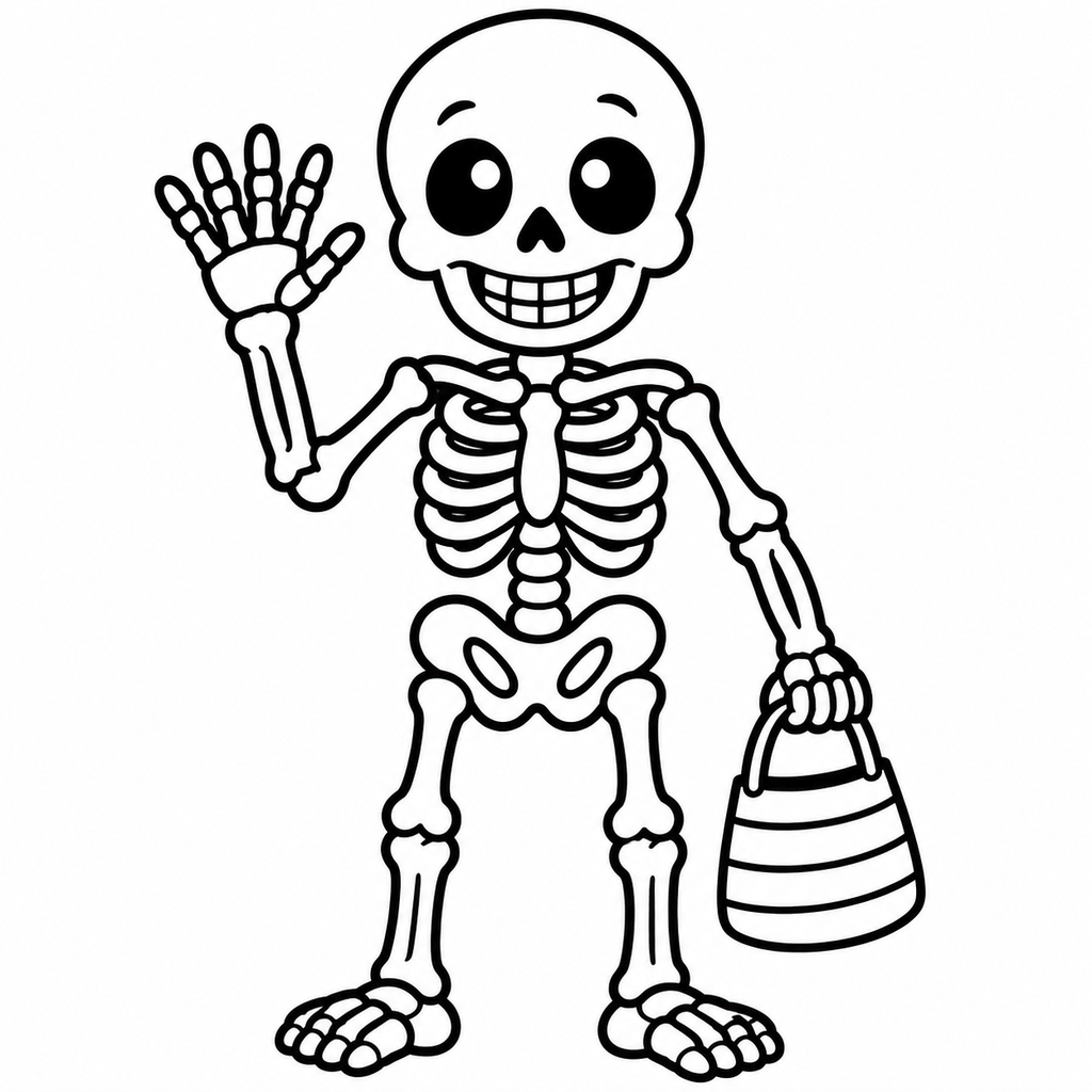 Cute Cartoon Skeleton Halloween Coloring Page - printable coloring page preview