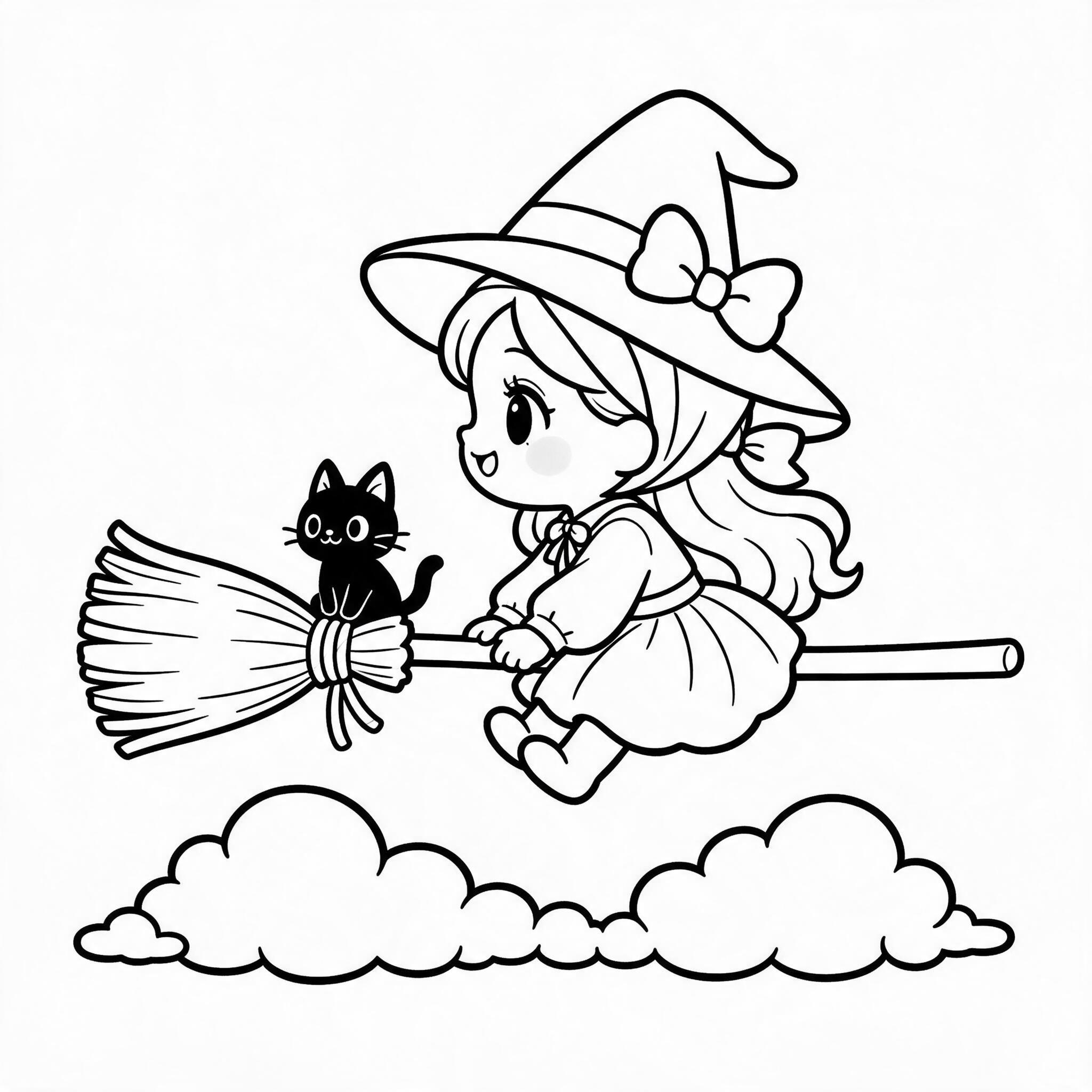 Cute Kid Witch With Broom Coloring Page preview