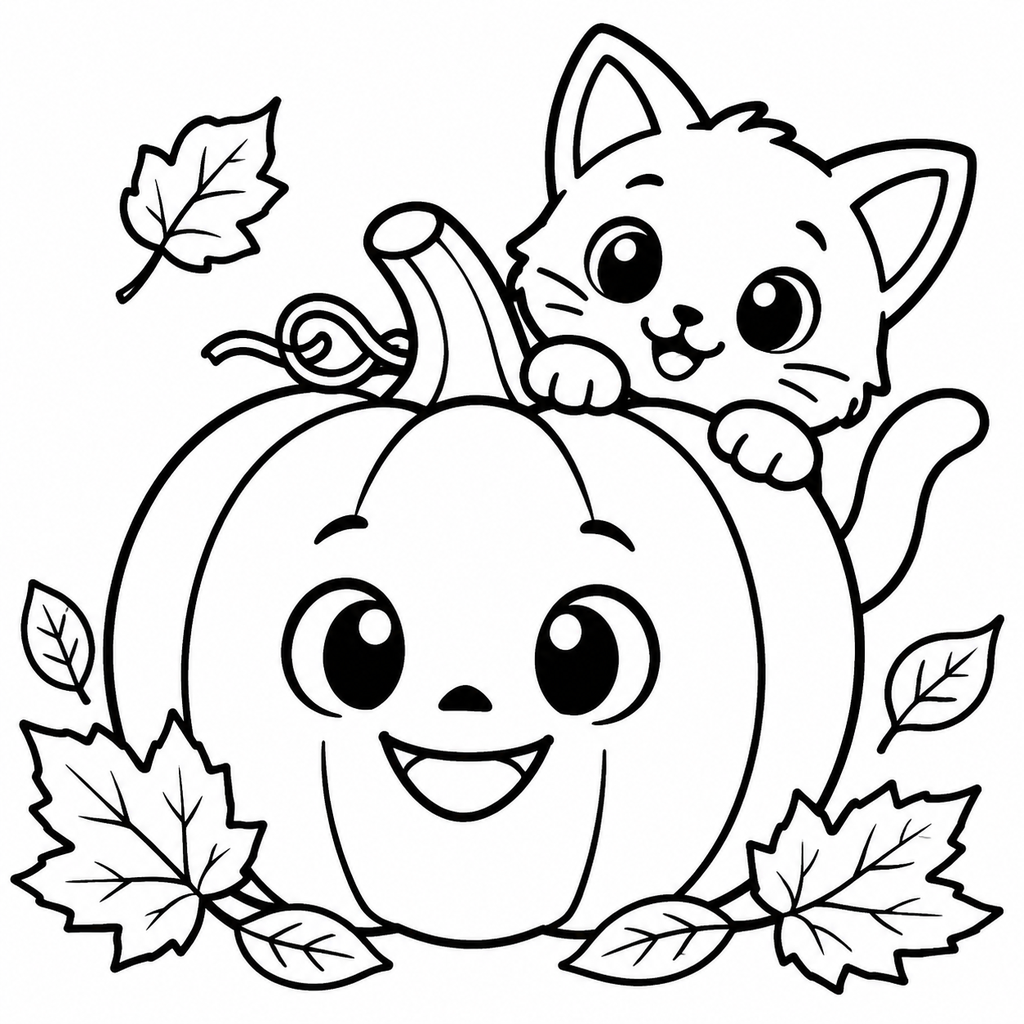Cute Pumpkin And Black Cat Coloring Page For Kids - printable coloring page preview