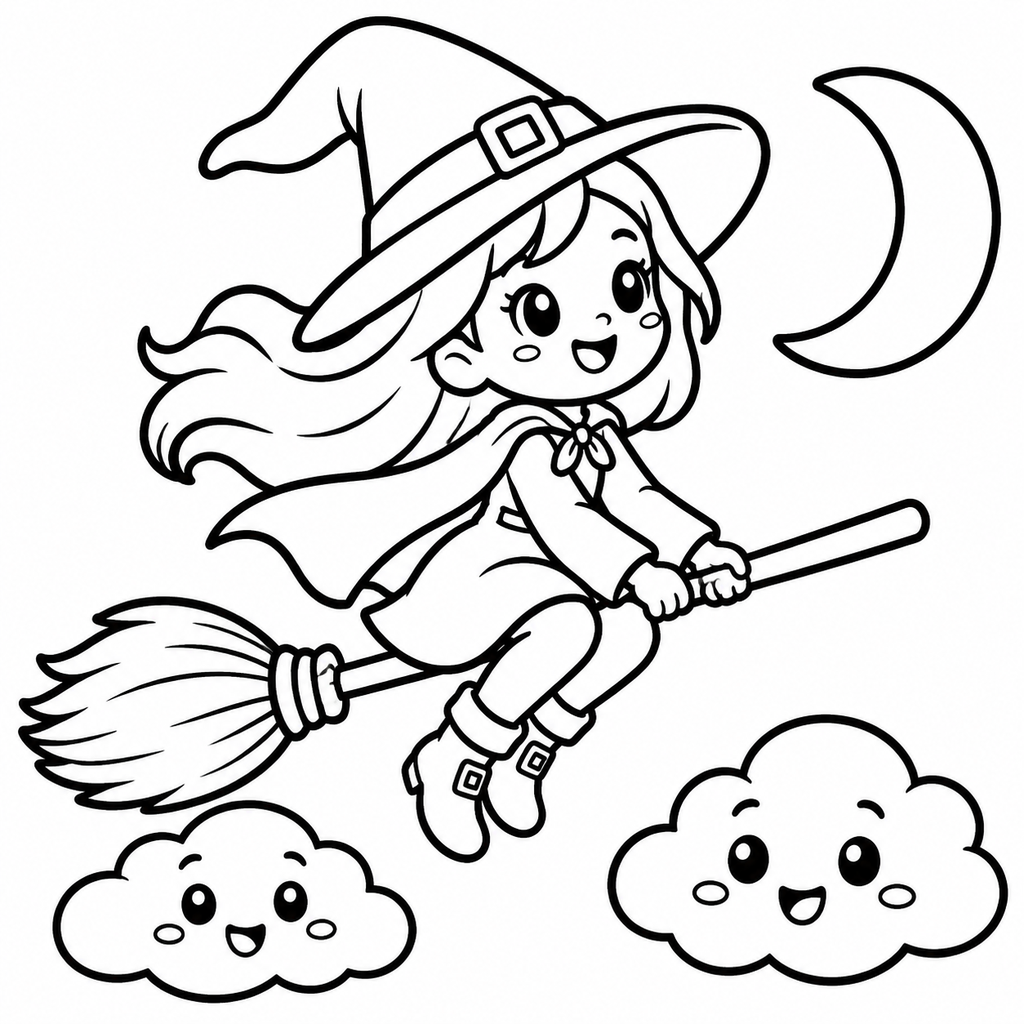 Cute Witch Flying On A Broom Coloring Page - printable coloring page preview