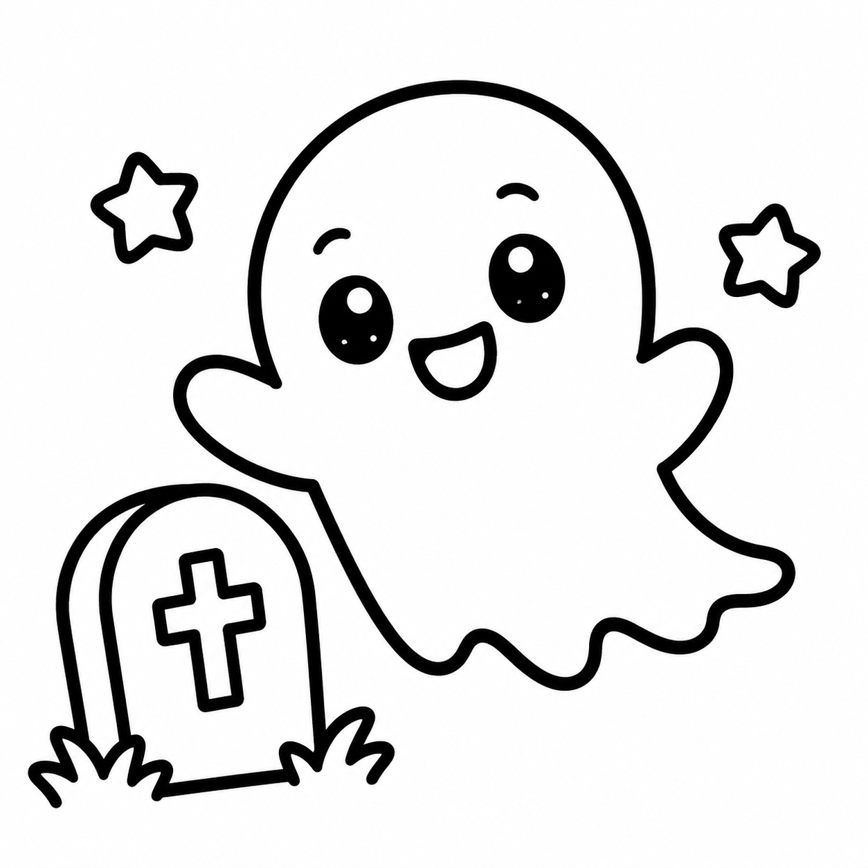 Friendly Ghost Beside Gravestone and Stars Coloring Page - printable coloring page preview