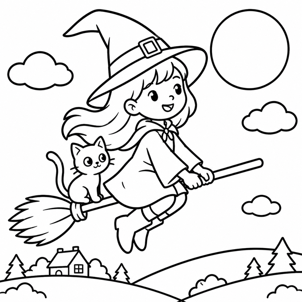 Friendly Halloween Witch Coloring Page For Kids - printable coloring page preview