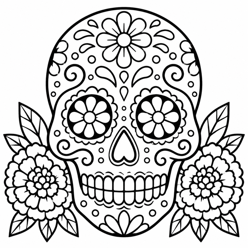 Fun Sugar Skull Decorated Skull Coloring Page - printable coloring page preview